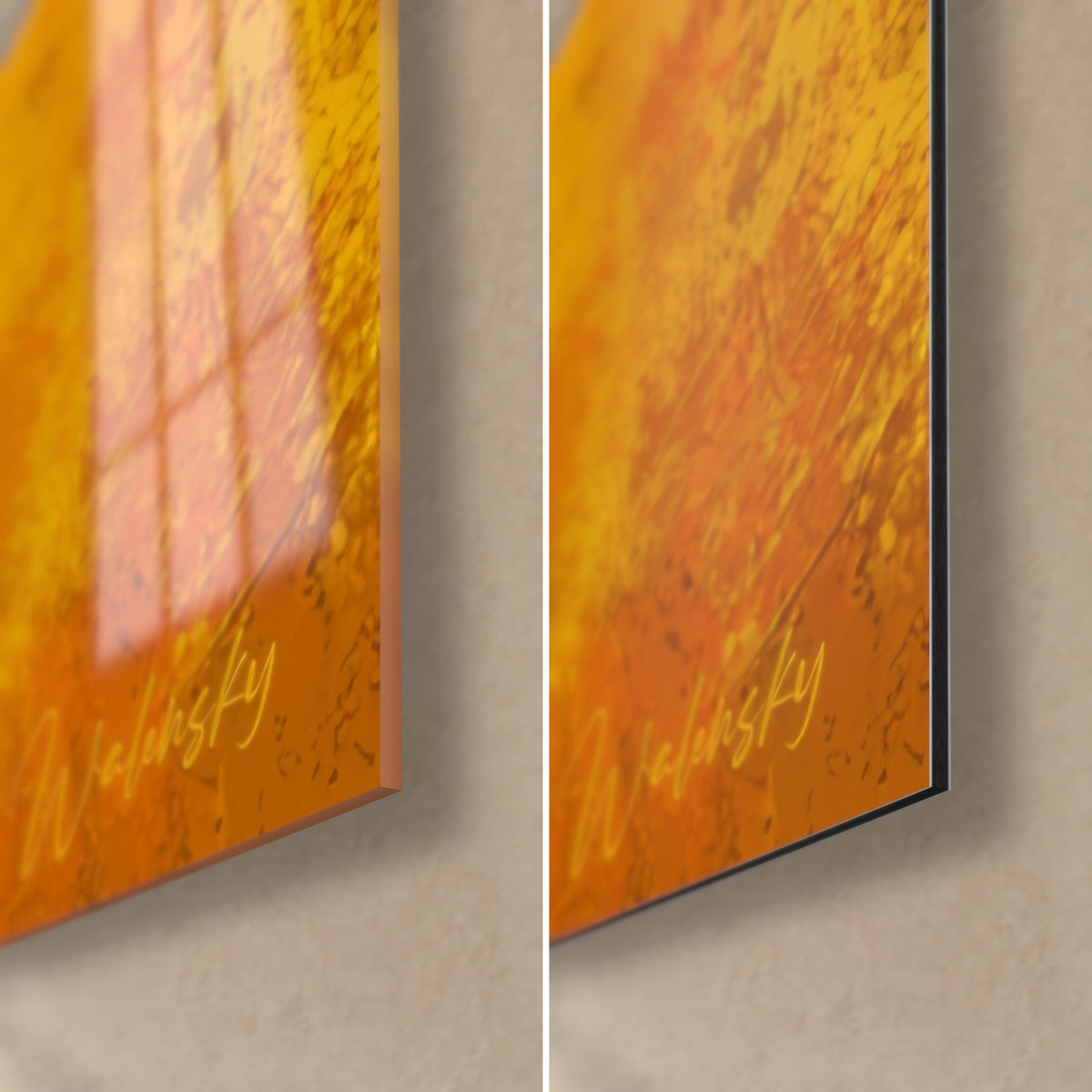 Cuadro perro azul y amarillo, esquina inferior derecha: cristal acrílico brillante naranja y aluminio Dibond mate, canto fino de 3 mm