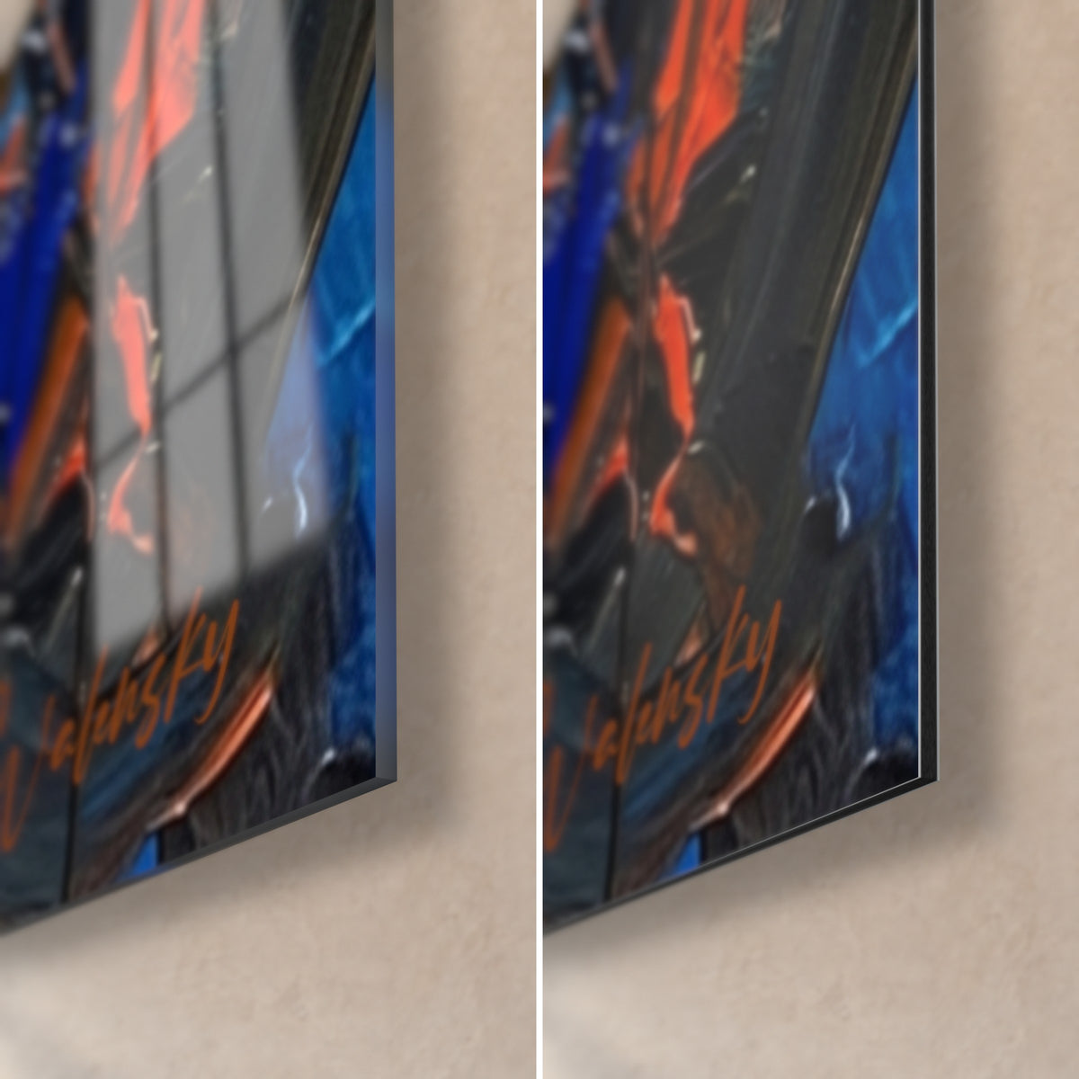 Quadro cane rosso dagli occhi dorati, angolo in basso a destra: vetro acrilico lucido a sinistra, Dibond opaco nero e blu, bordo da 3 mm
