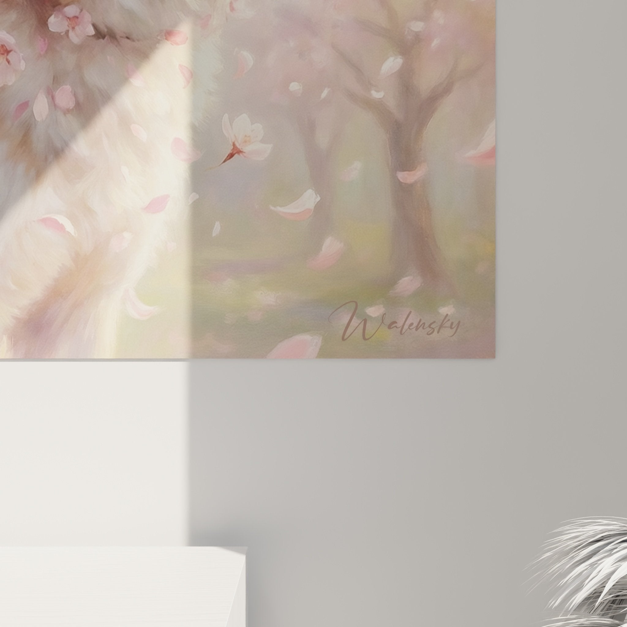 Vue ensemble tableau mural Akita Inu cerisiers fleurs roses décoration intérieur style zen japonais tons pastel