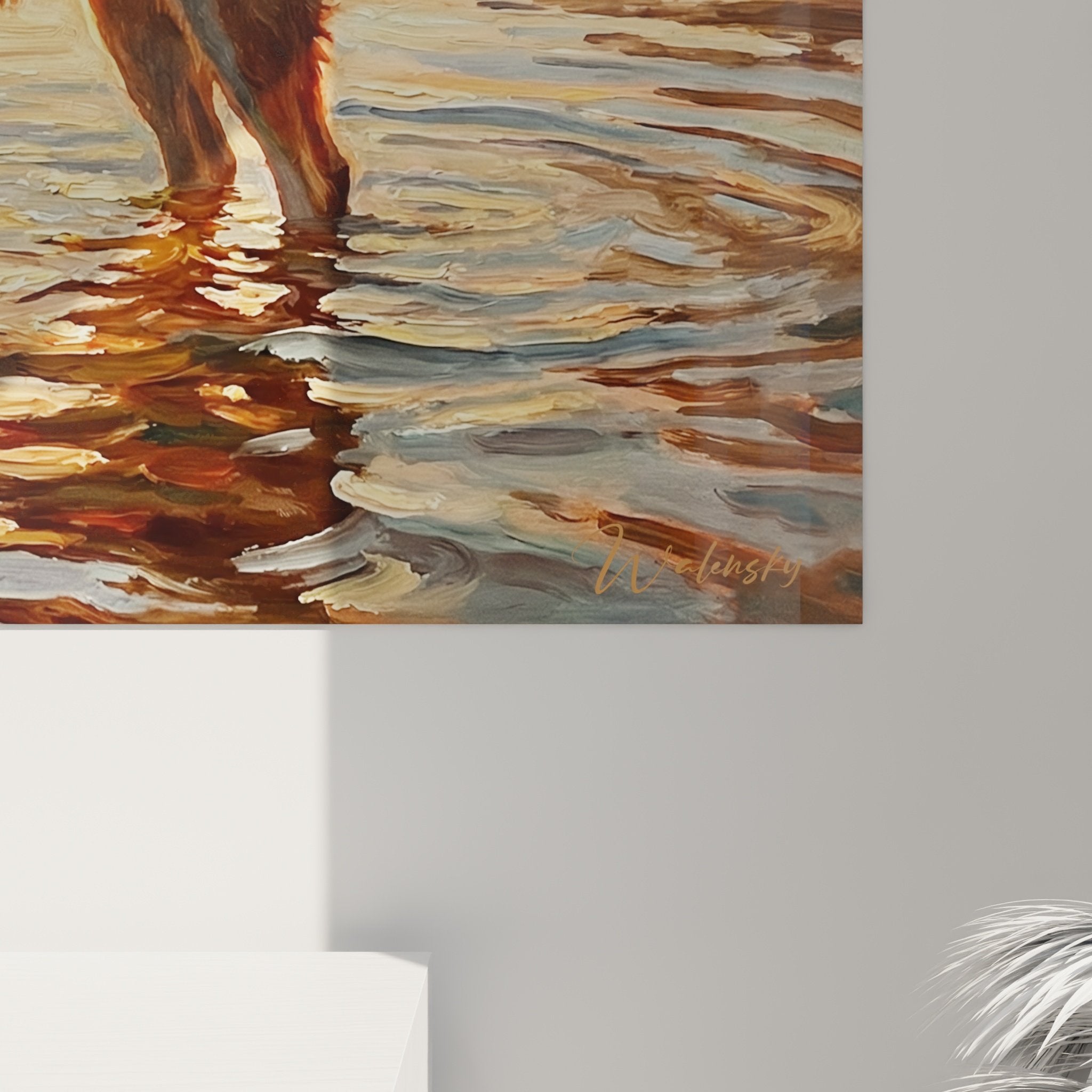 Vue ensemble tableau Akita Inu coucher soleil ambiance doree decoration murale salon