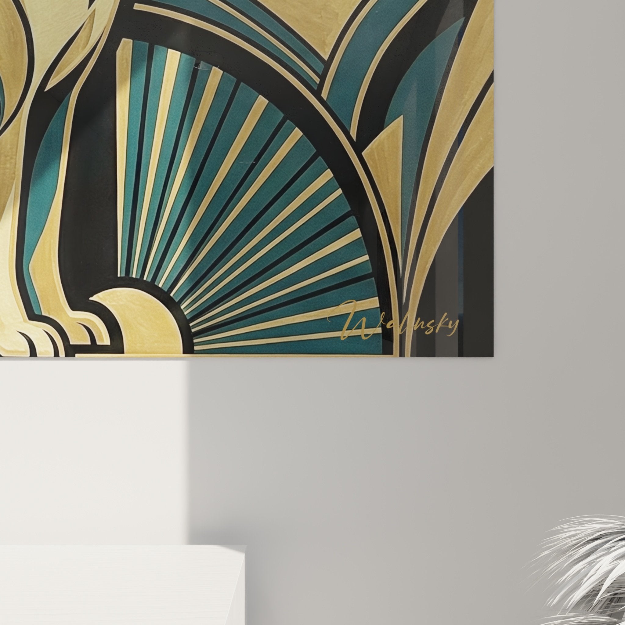 Vue ensemble tableau Akita Inu art déco salon moderne décoration murale dorée turquoise
