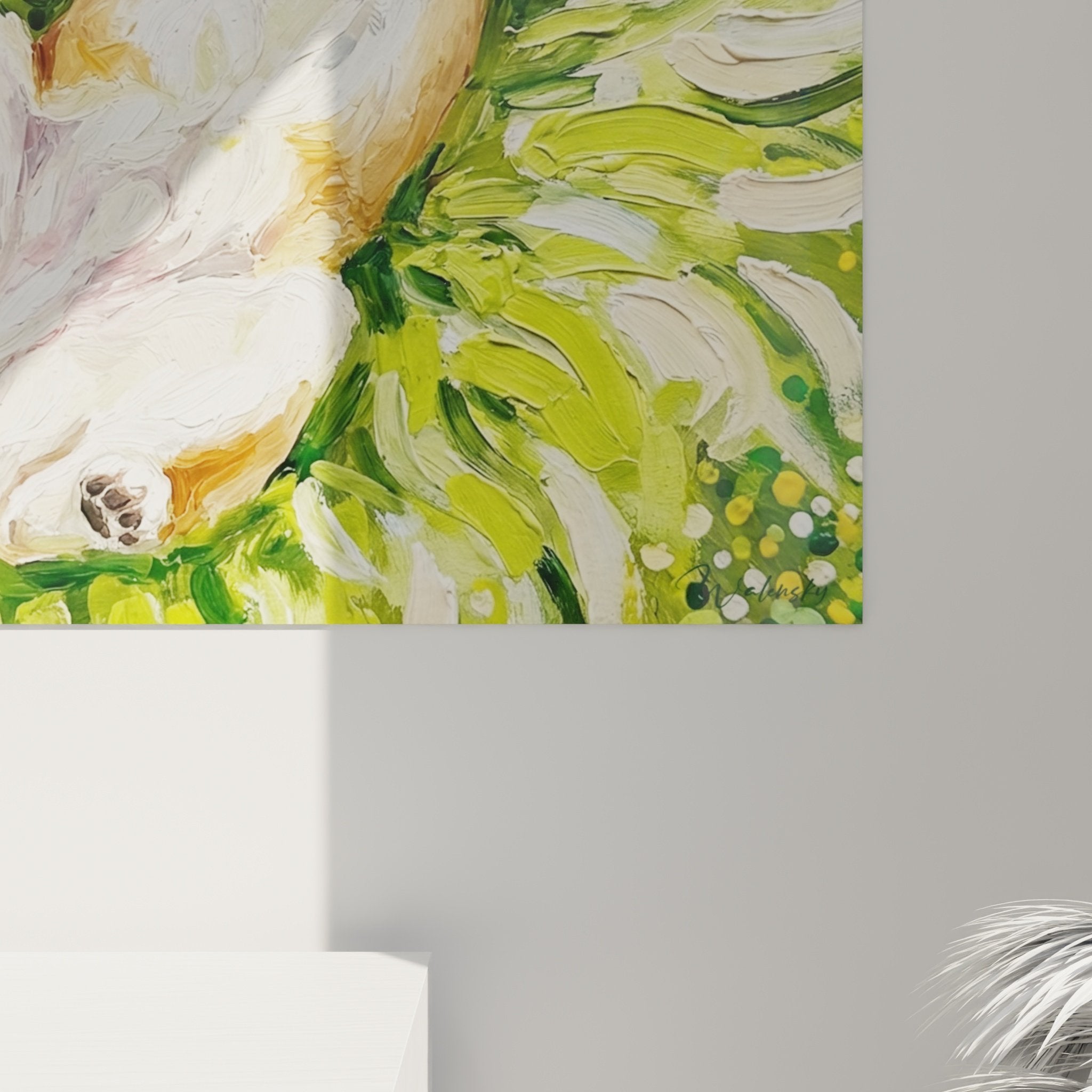 Vue ensemble tableau Akita Inu bonheur tourbillon vert decoration murale salon contemporain