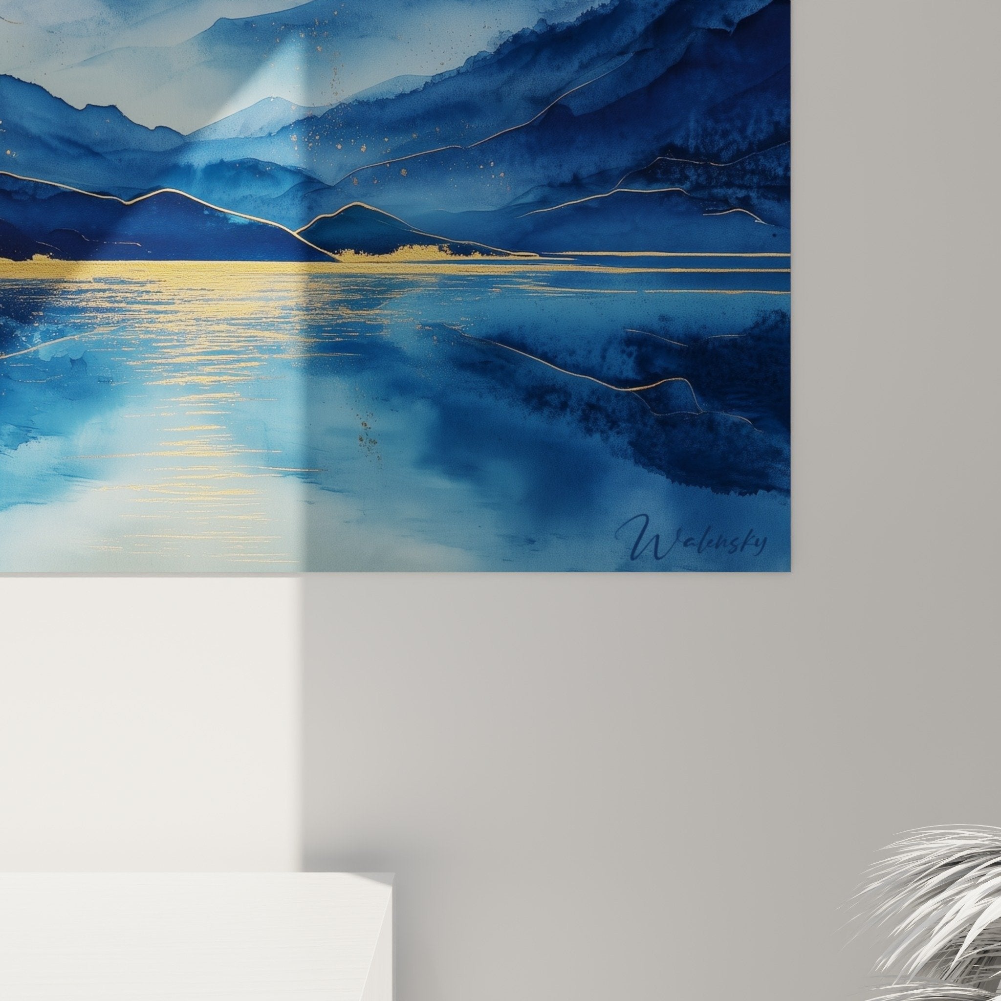 Full view of blue and gold alpine wall art in contemporary living room mural decoration