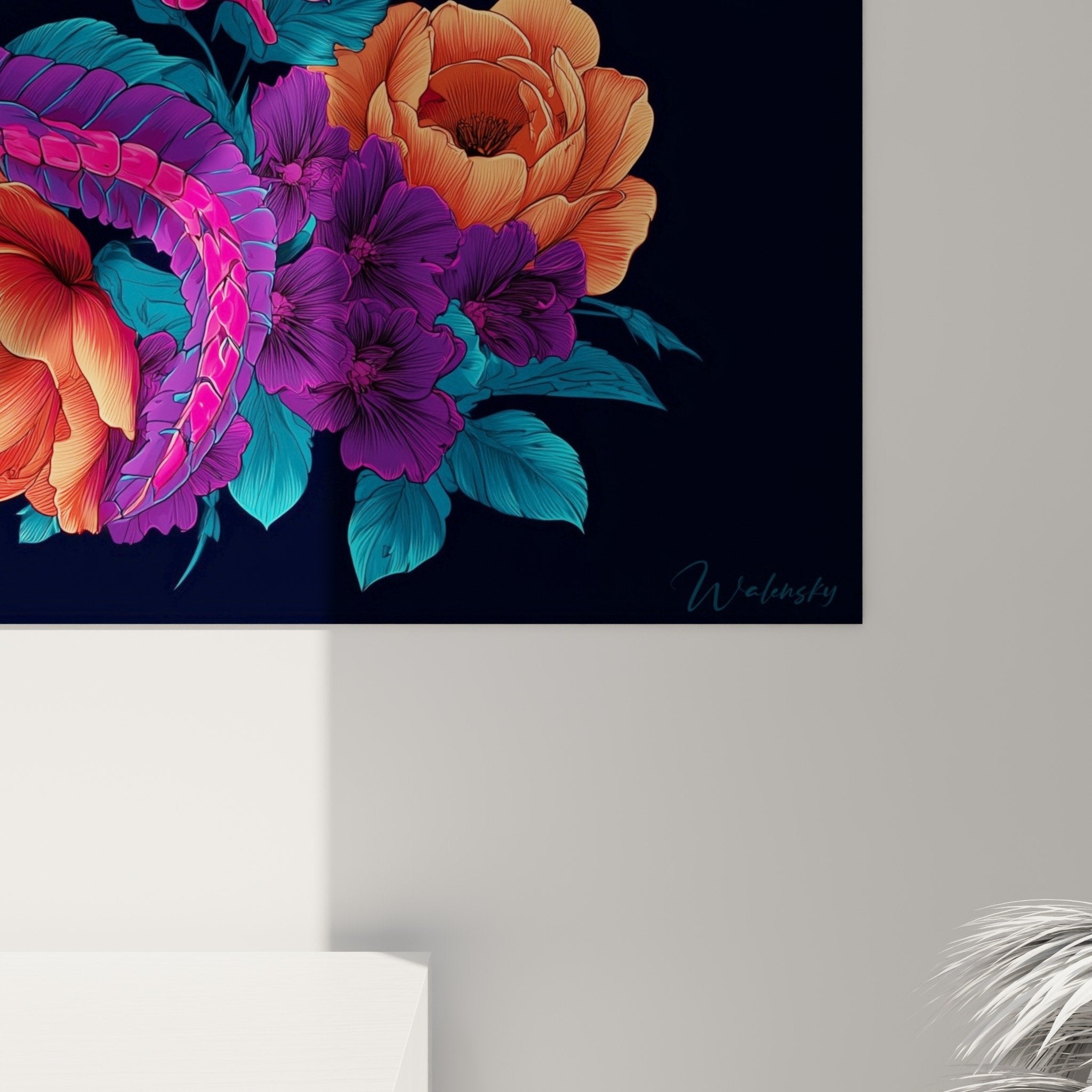 Vue ensemble tableau anatomie axolotl fleurs, squelette rose magenta composition florale fond sombre
