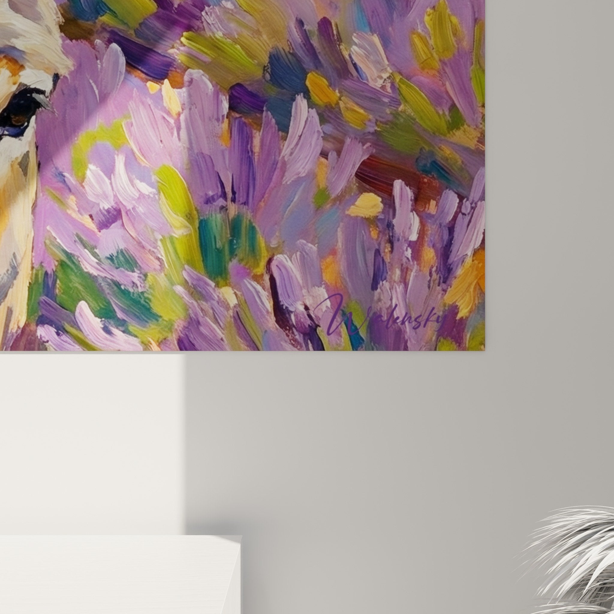 Gesamtansicht Esel-Gemälde Lavendelfeld, harmonische violett-grüne Komposition, provenzalische Wandkunst