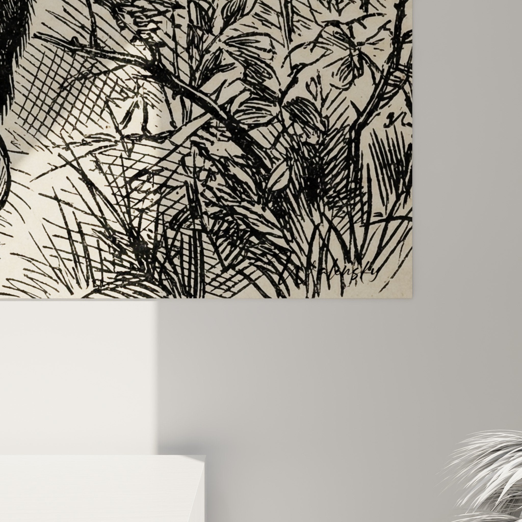 Gesamtansicht des Esel-Gemäldes, Gravur im naturalistischen Plattenstil, patinierter Hintergrund mit zart skizzierter Vegetation