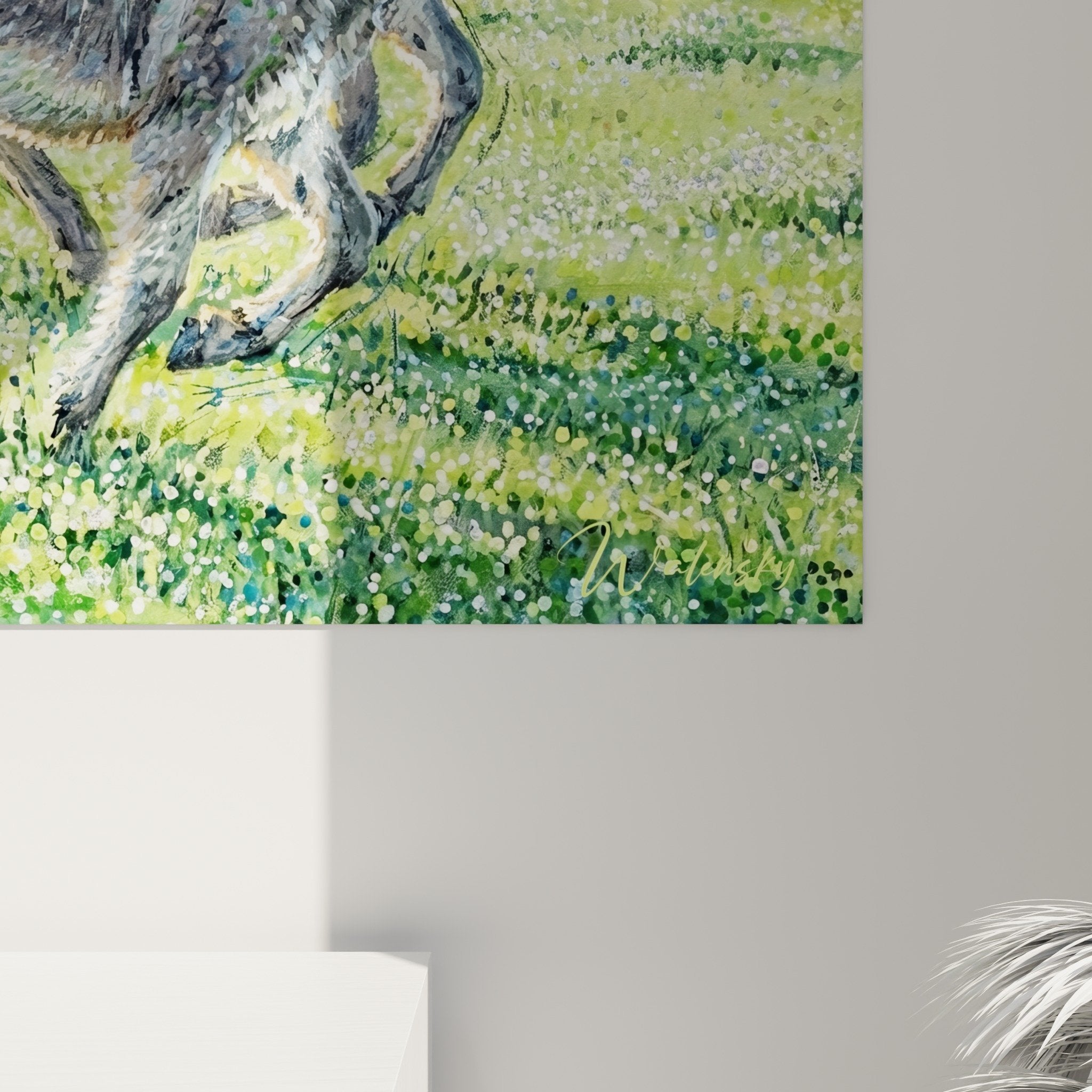 Gesamtansicht Esel-Gemälde Wiesenlandschaft Wohnzimmer Wanddekoration zeitgenössische Tierkunst