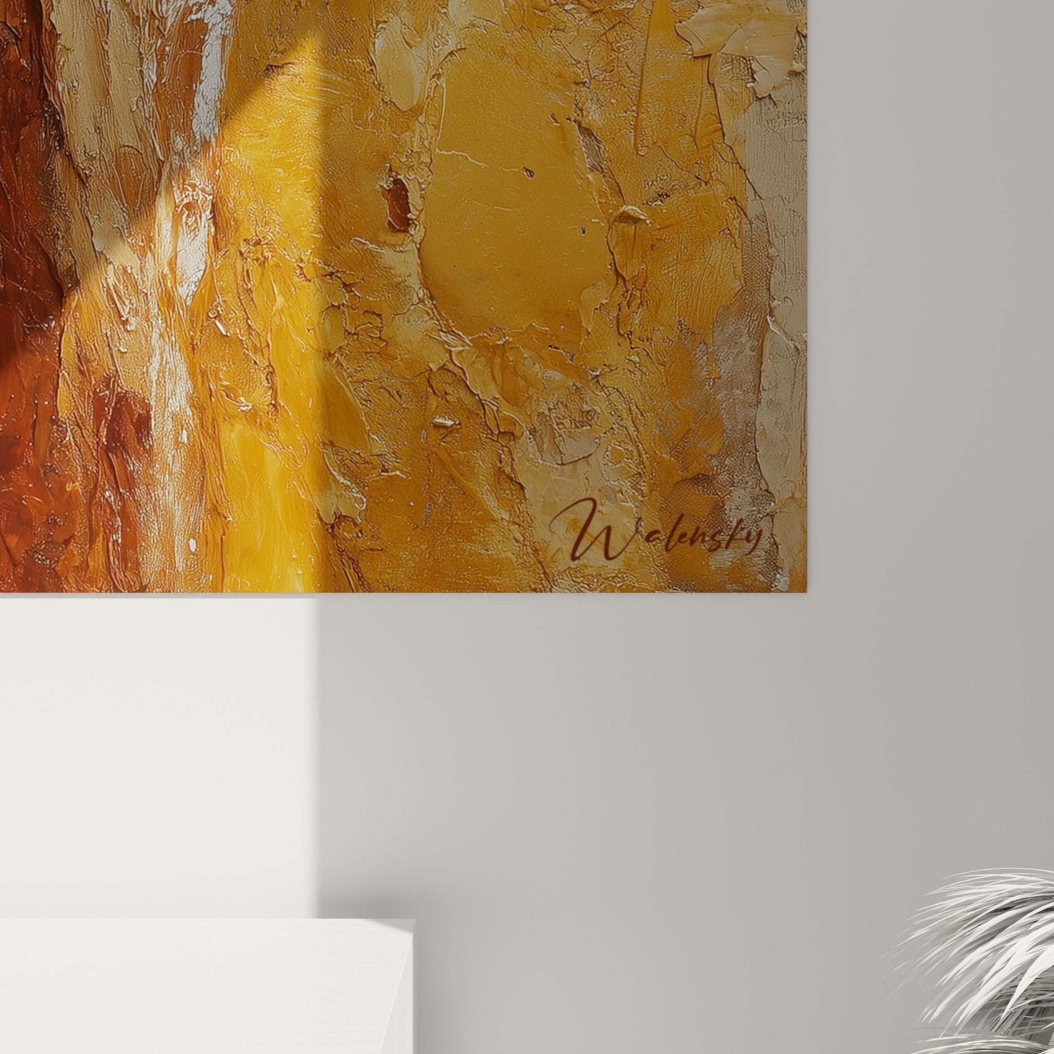 Gesamtansicht Gemälde goldener Engel Wohnzimmer Wanddekoration spirituell Feng Shui Erdmitte Perspektive