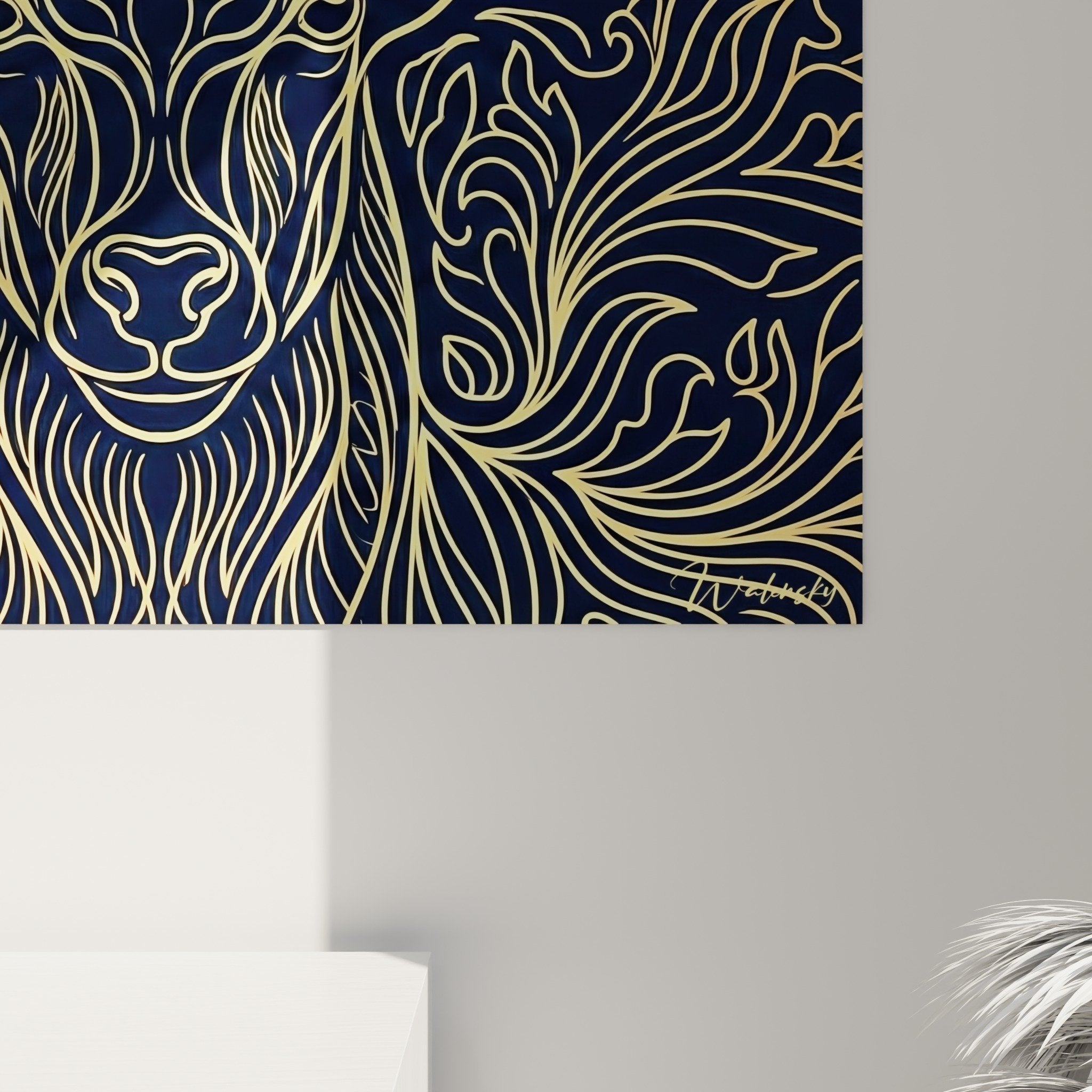 Gesamtansicht Gemälde goldene Antilope Barock Inneneinrichtung marine blaue Wand