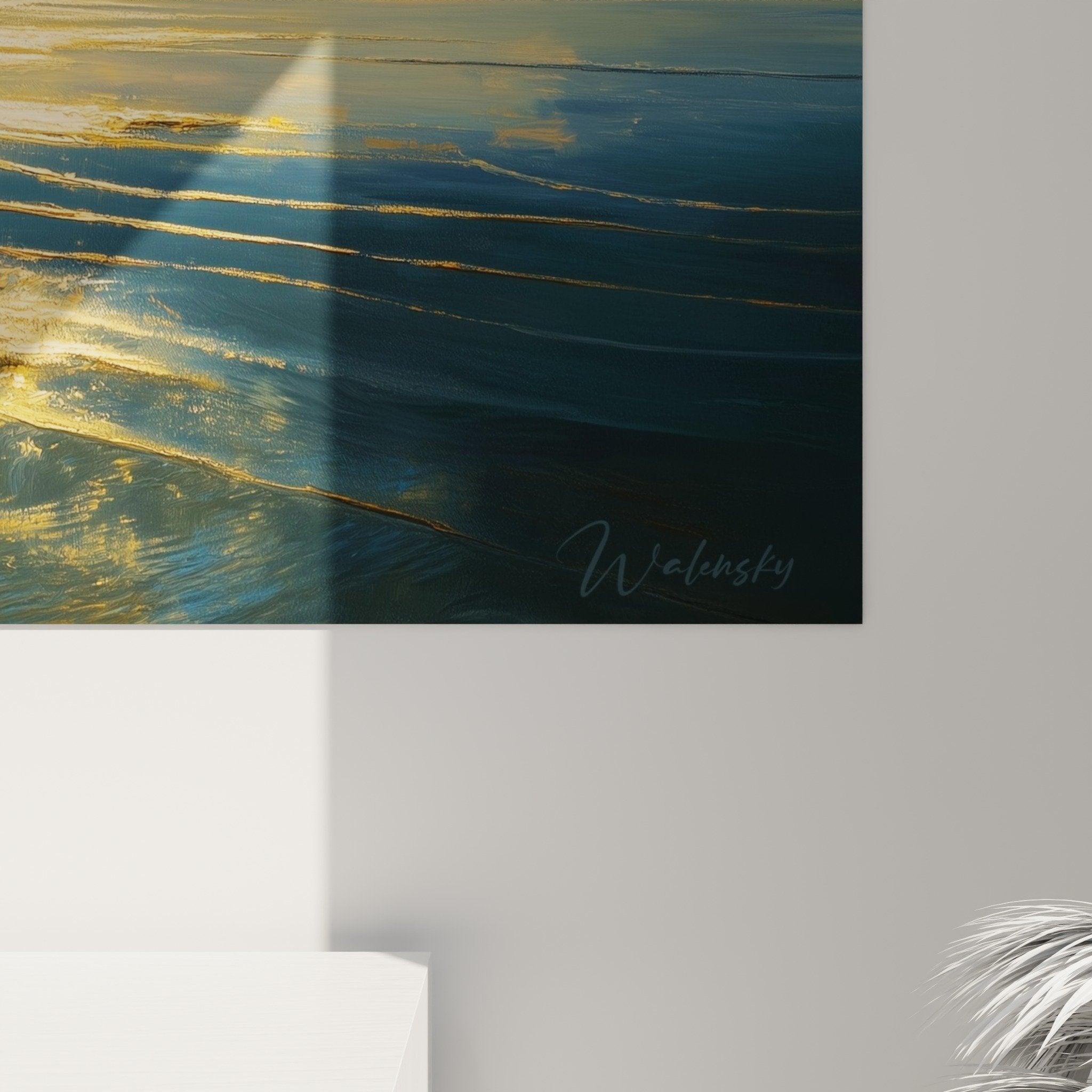 Complete view water landscape feng shui north water painting blue gold tones marine wall art decor