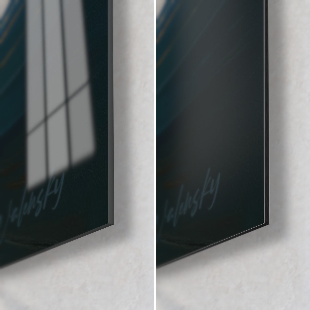 Wall art golden stormy sky over azure sea, lower right corner: glossy acrylic glass on the left, matte Dibond aluminum on the right, 3 mm edge