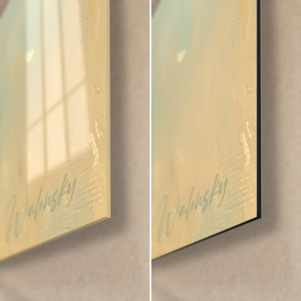 Gemälde Baum mit goldenen Blättern, unten rechts: glänzendes Acrylglas mit Reflexen links, mattschwarzes Dibond rechts