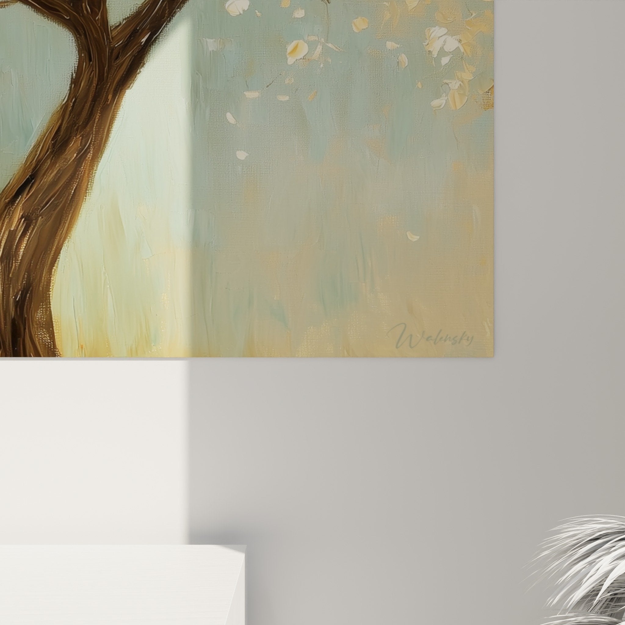 Vue ensemble tableau arbre lumineux tons chauds decoration interieure elegante