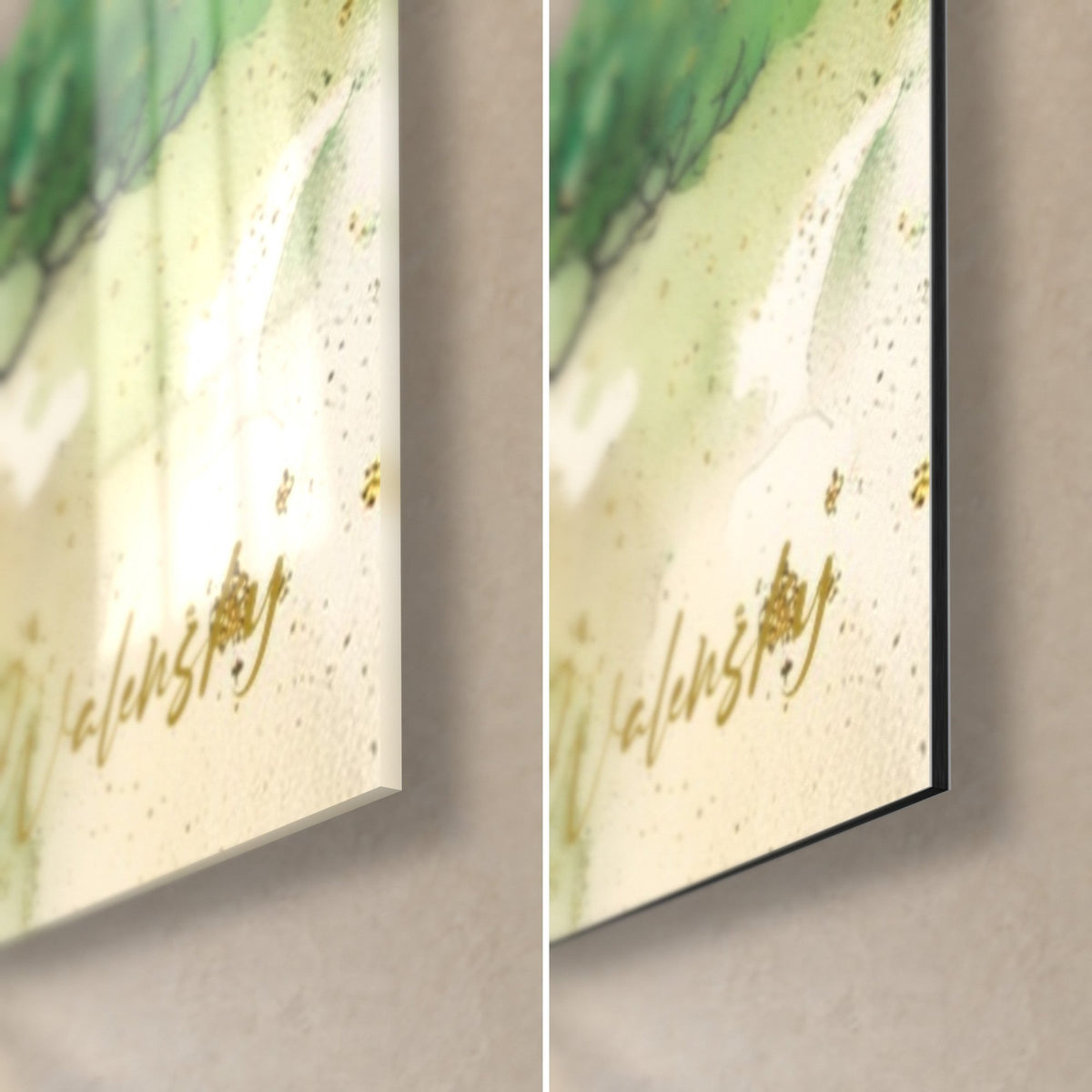 Quadro di albero ad acquerello verde e oro, angolo in basso a destra: vetro lucido a sinistra, Dibond nero opaco a destra