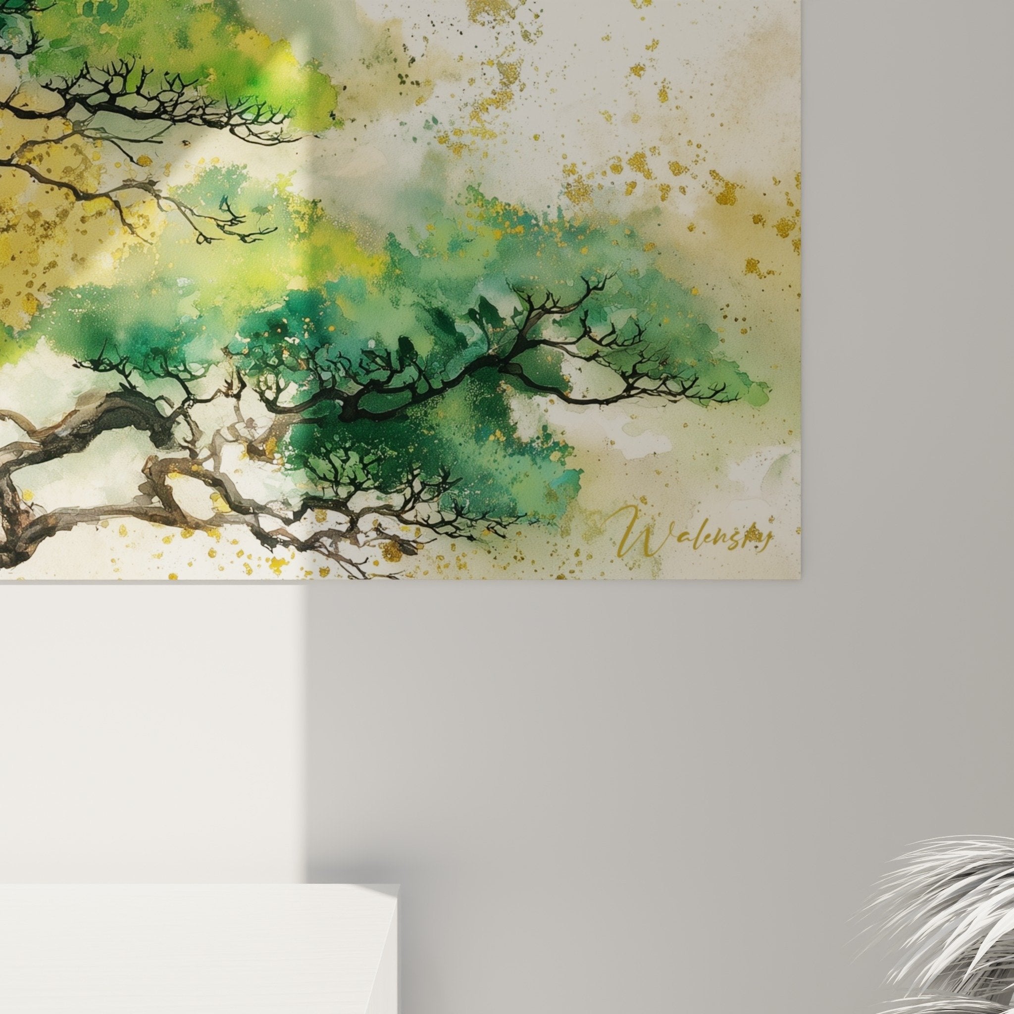 full view majestic tree artwork interlaced branches green gold palette feng shui style