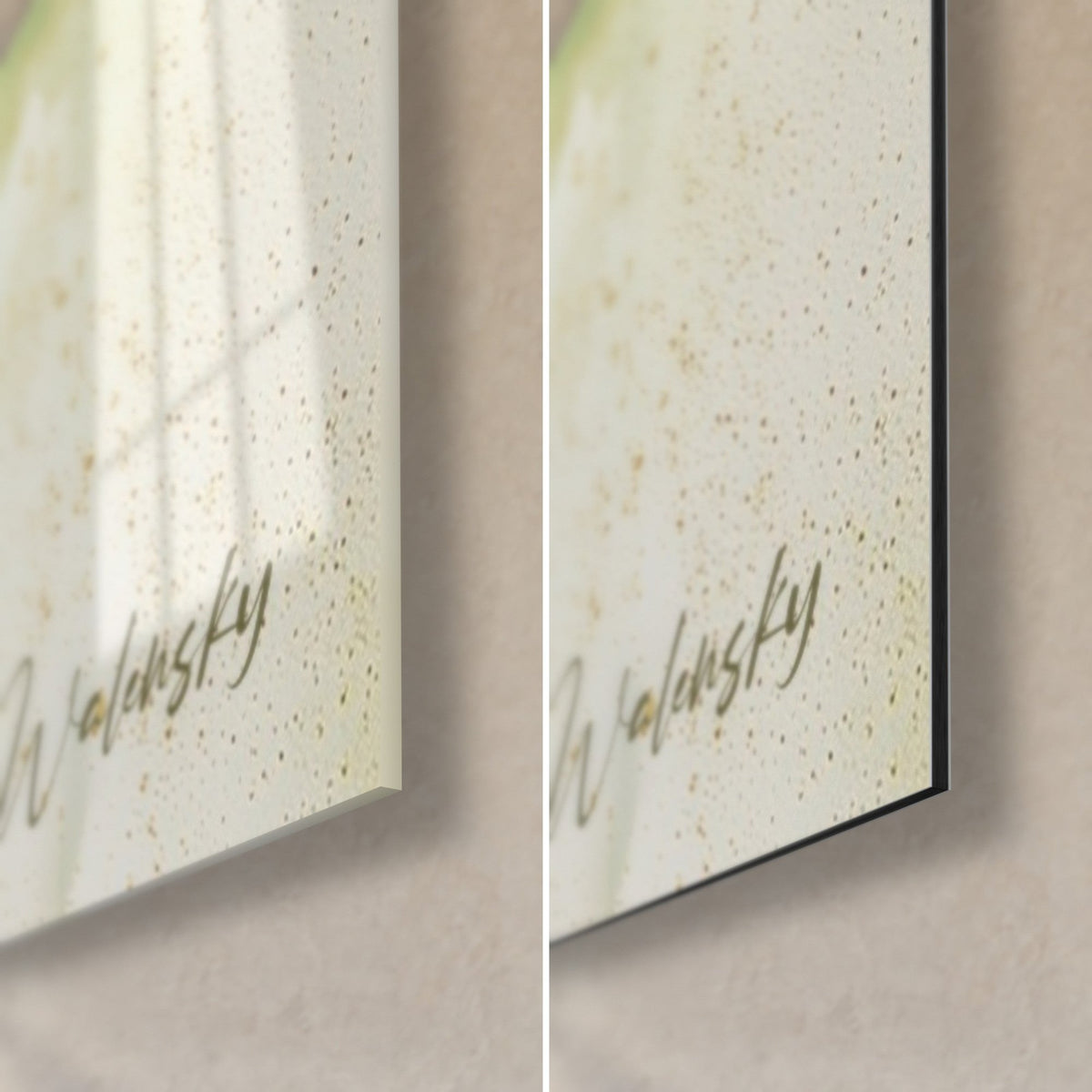 Gemälde verschlungener Baum in Grün und Gold, Signatur Walensky, untere rechte Ecke aus glänzendem Acrylglas und mattschwarzem Alu-Dibond