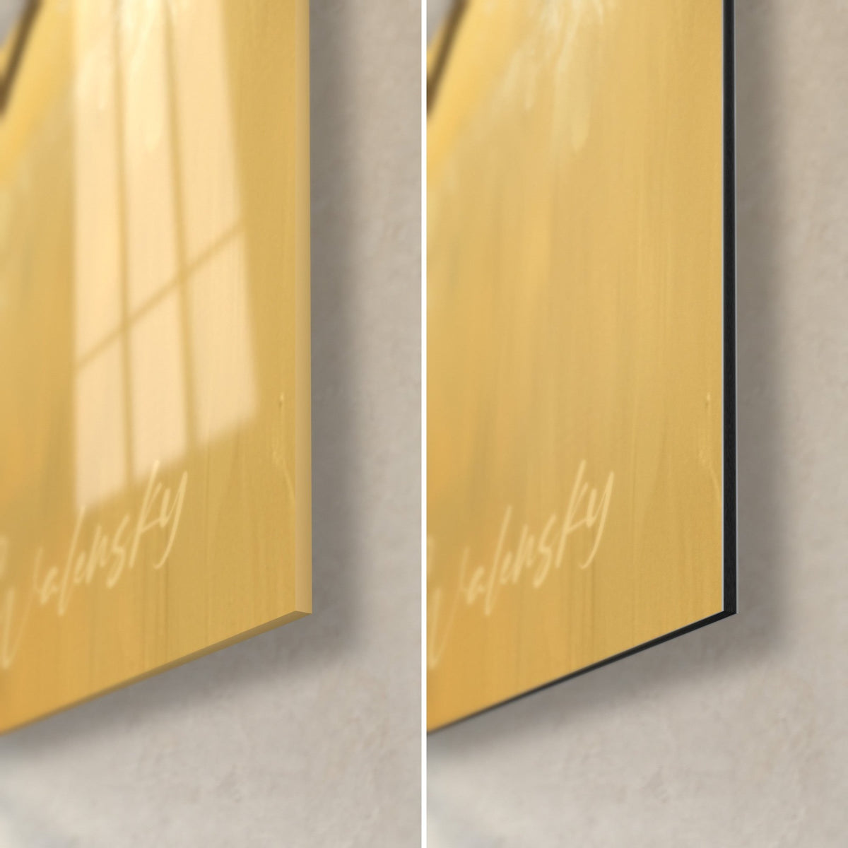 Schilderij boom met turquoise en gouden bladeren, rechtsonder hoek, glanzend glas links, mat zwart Dibond rechts