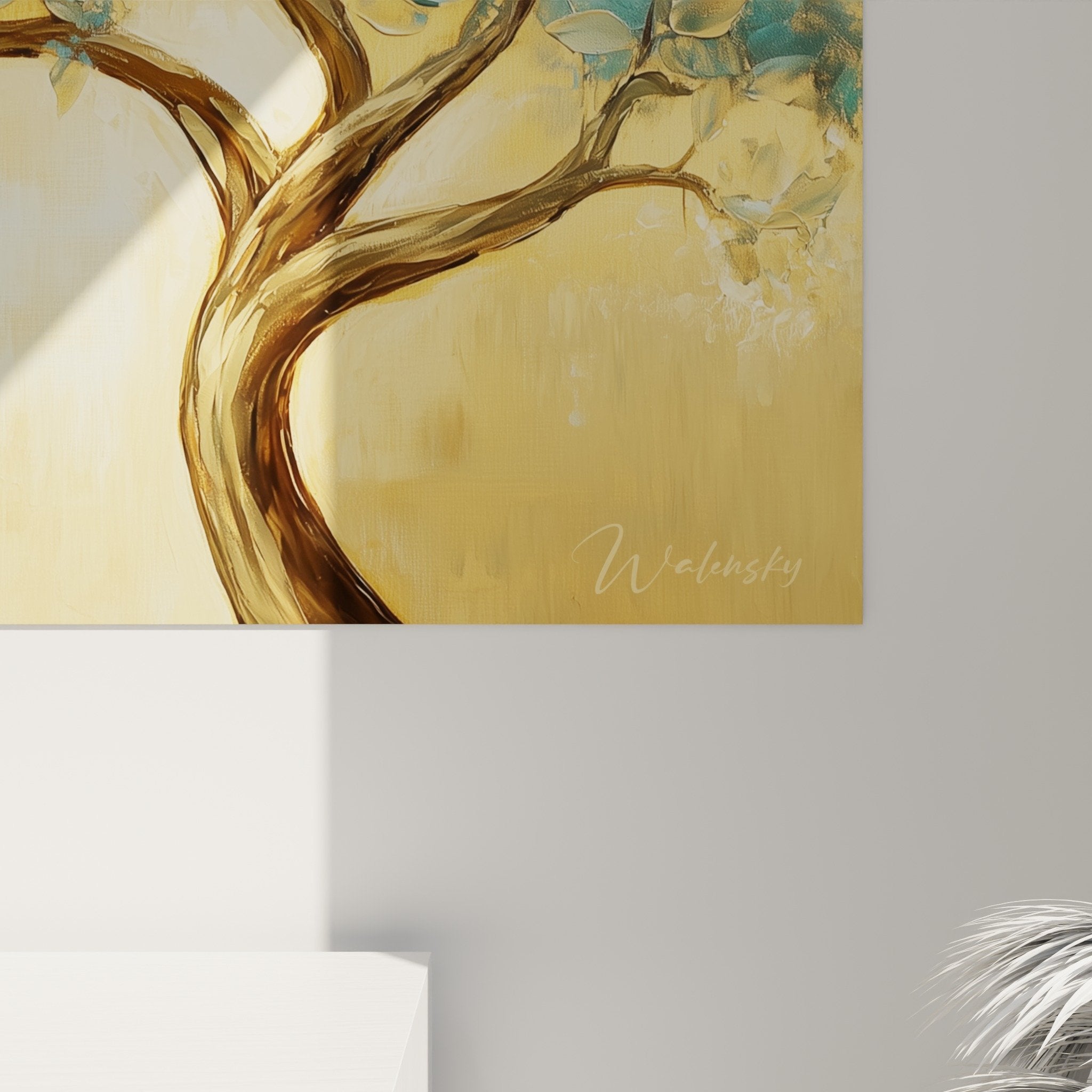 vue ensemble tableau arbre de vie tons beiges dores turquoise decoration murale elegante