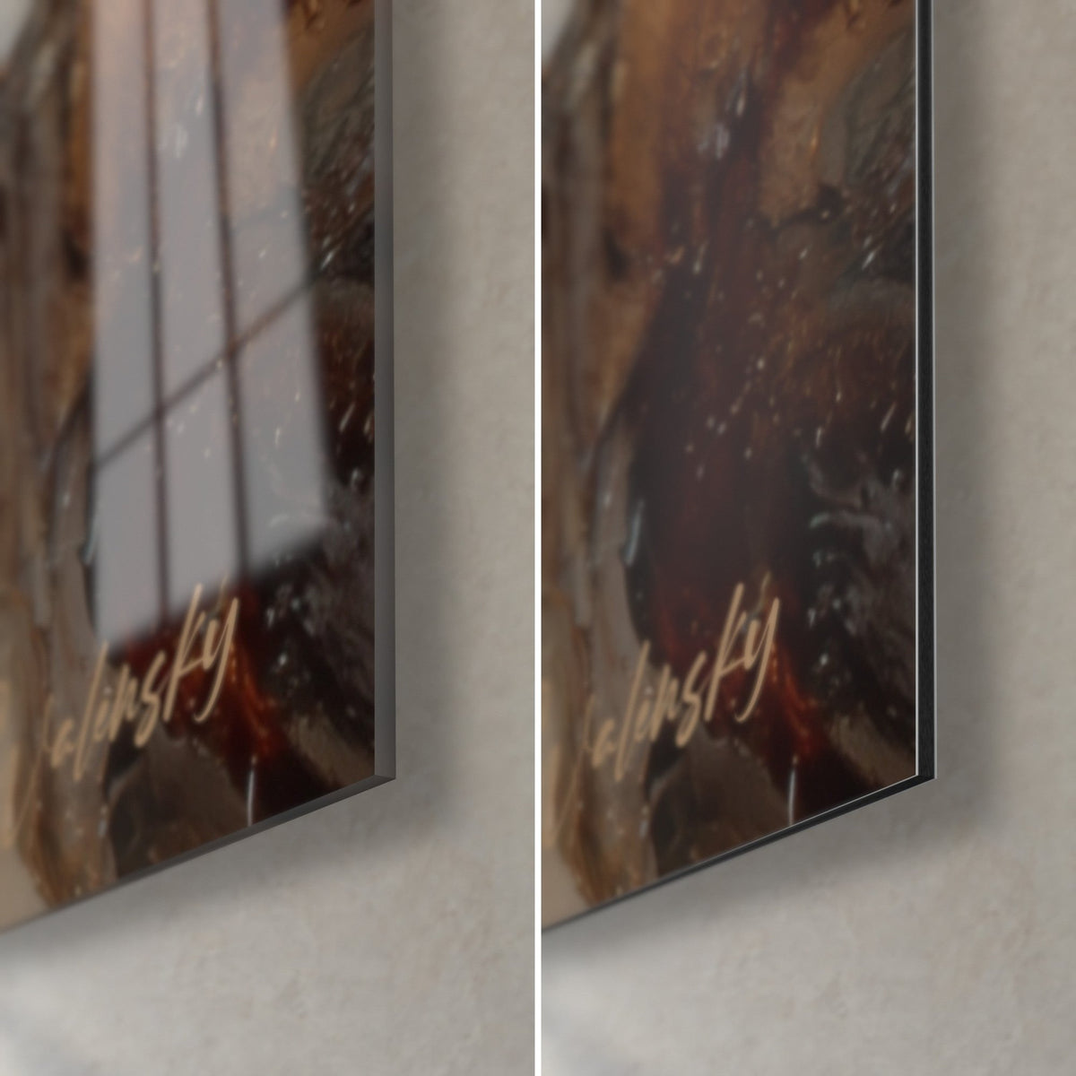 Tableau ramure aux feuilles d'or, coin bas droit brun acajou et beige, verre acrylique brillant face à l'alu Dibond mat