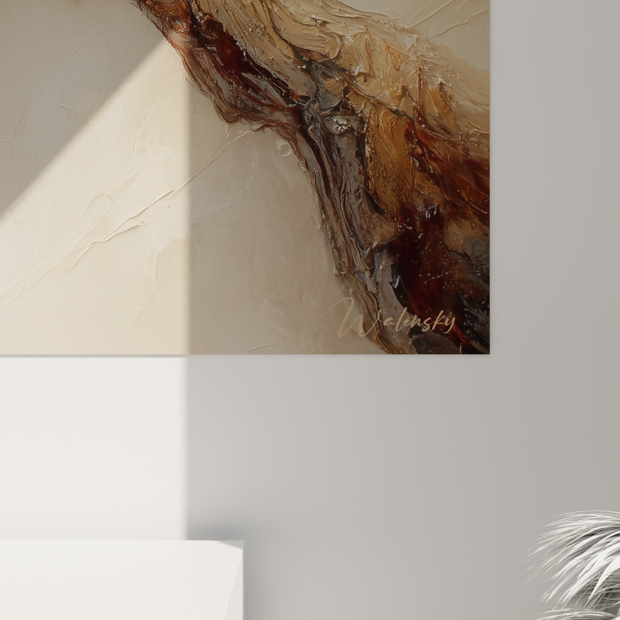 Gesamtansicht Wandbild Lebensbaum goldener Ast Blattwerk Relief Innendekor beige gold