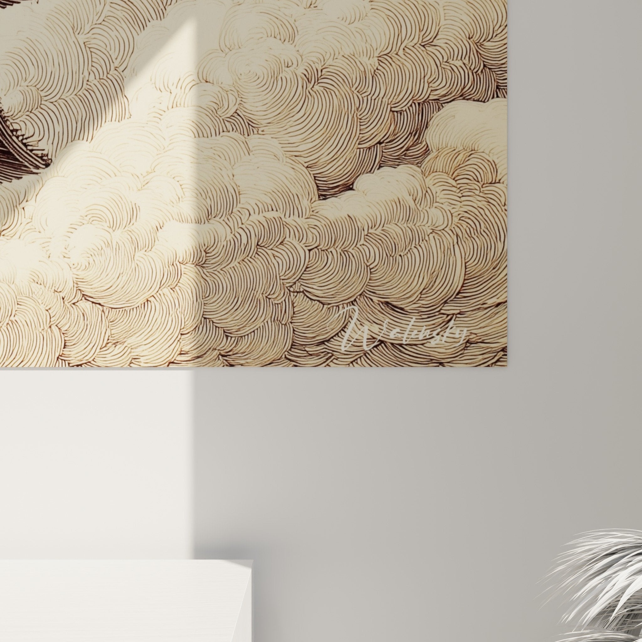 Full view Japanese architecture painting temple clouds sepia wall art Asian style decor
