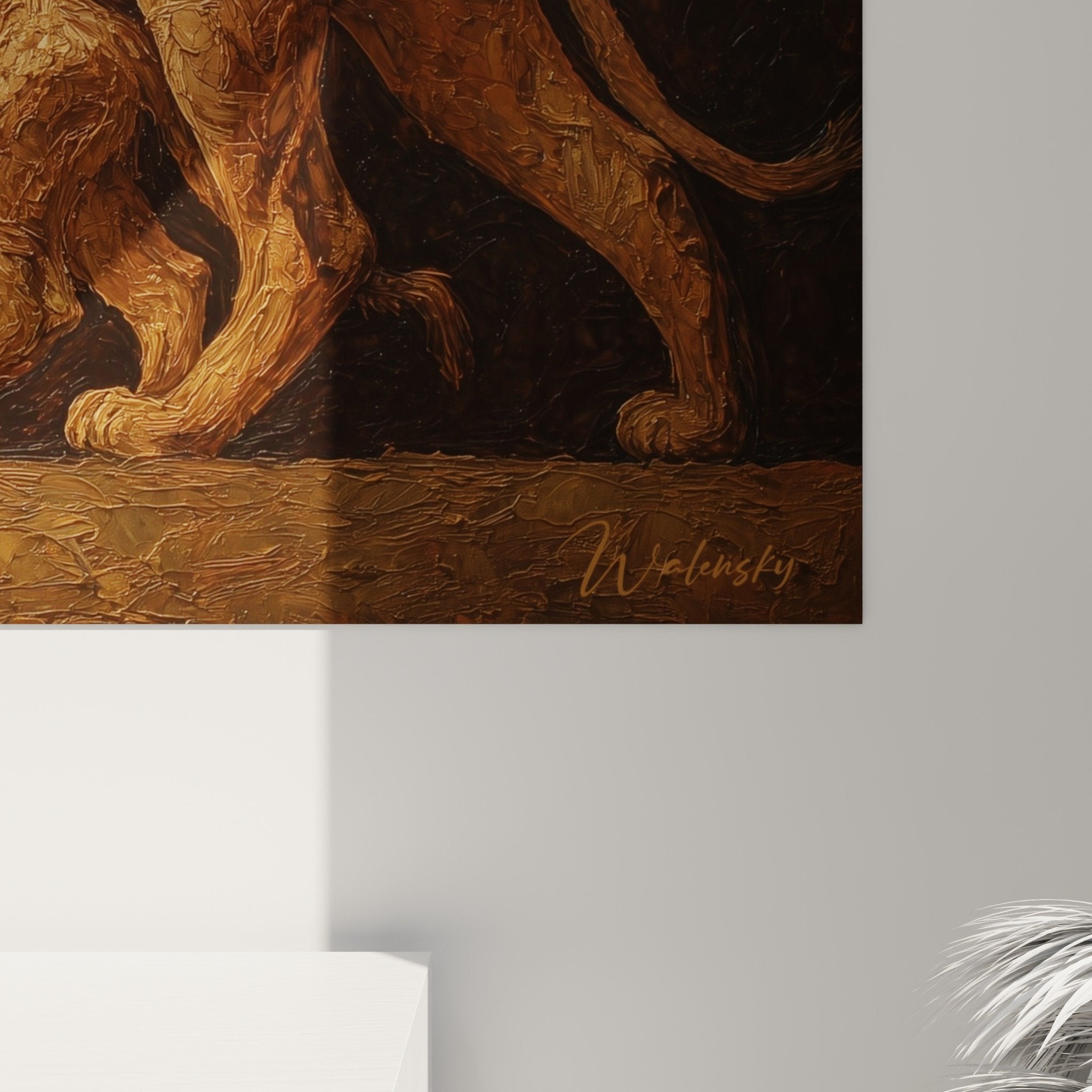 Overall view of animal art print lioness copper wall decoration