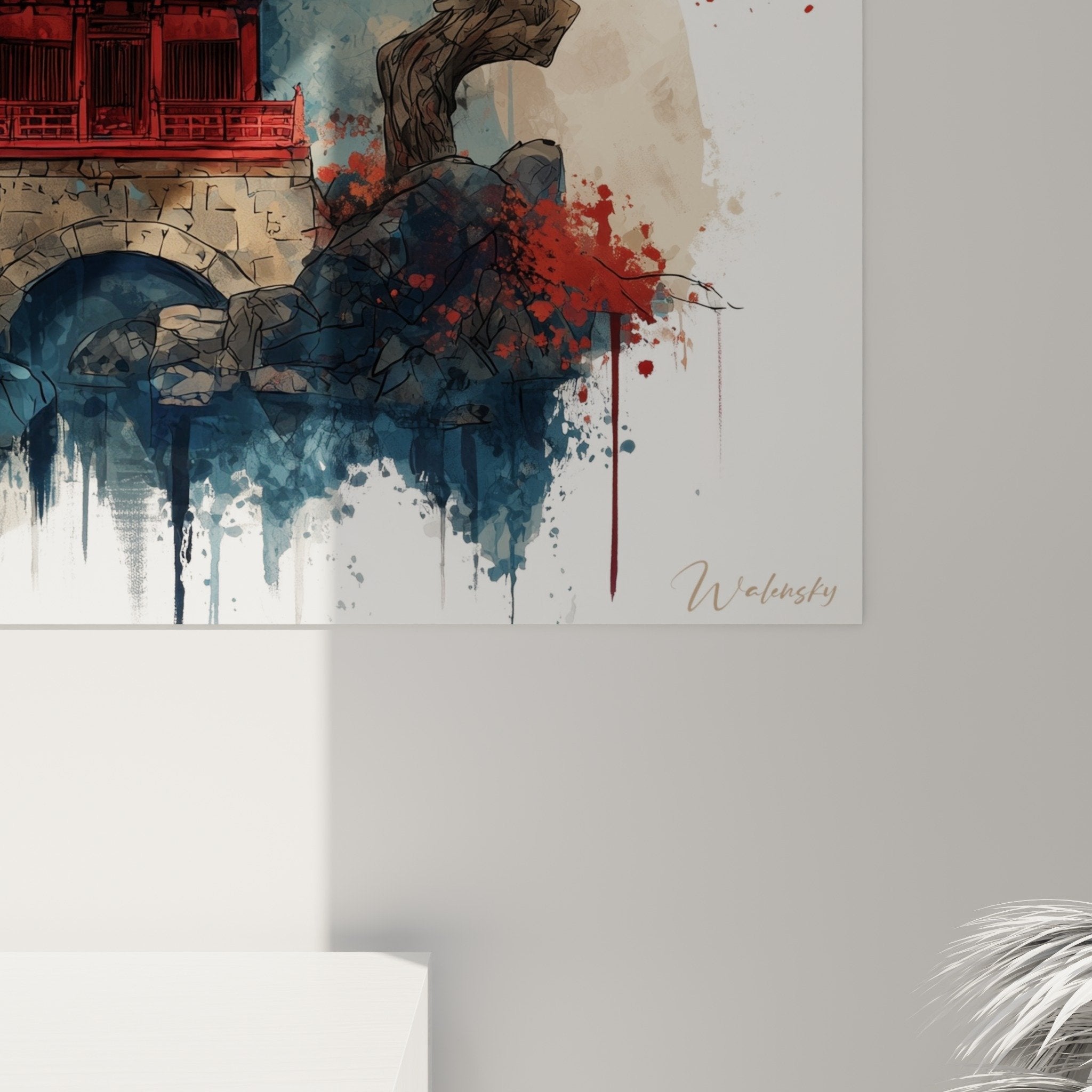 Vue ensemble tableau art asiatique pagode rouge sur fond montagnes bleues style aquarelle