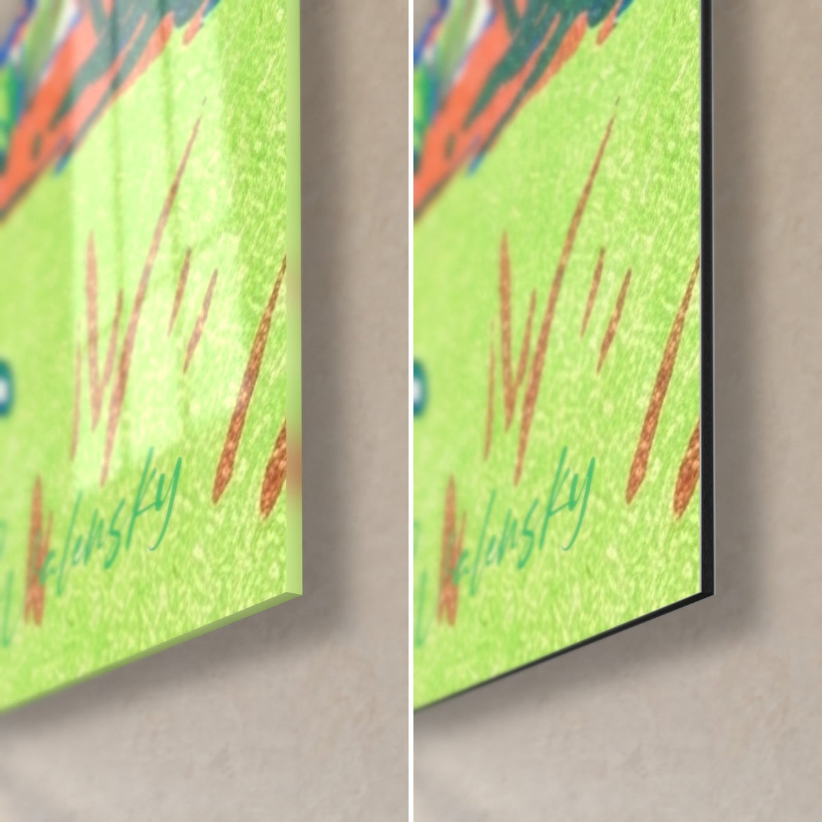 Wall art of a salmon and blue greyhound on green grass, bottom right corner: glossy acrylic glass on the left, matte Dibond on the right, 3 mm edge