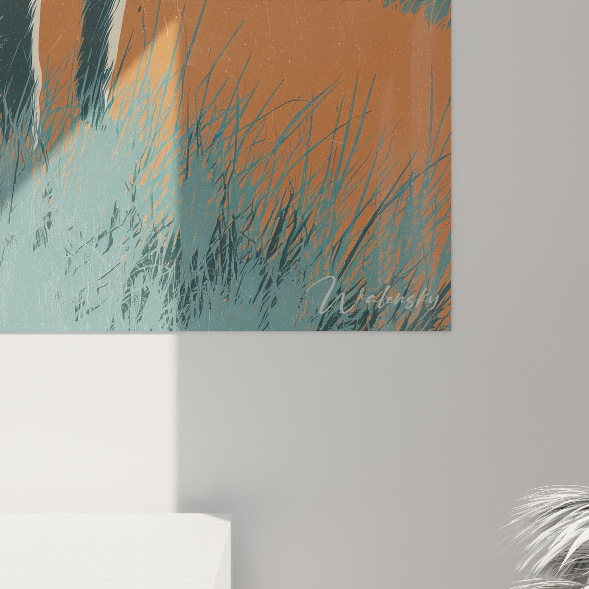 Vue ensemble tableau art canin Epagneul Breton paysage champetre, decoration murale nature