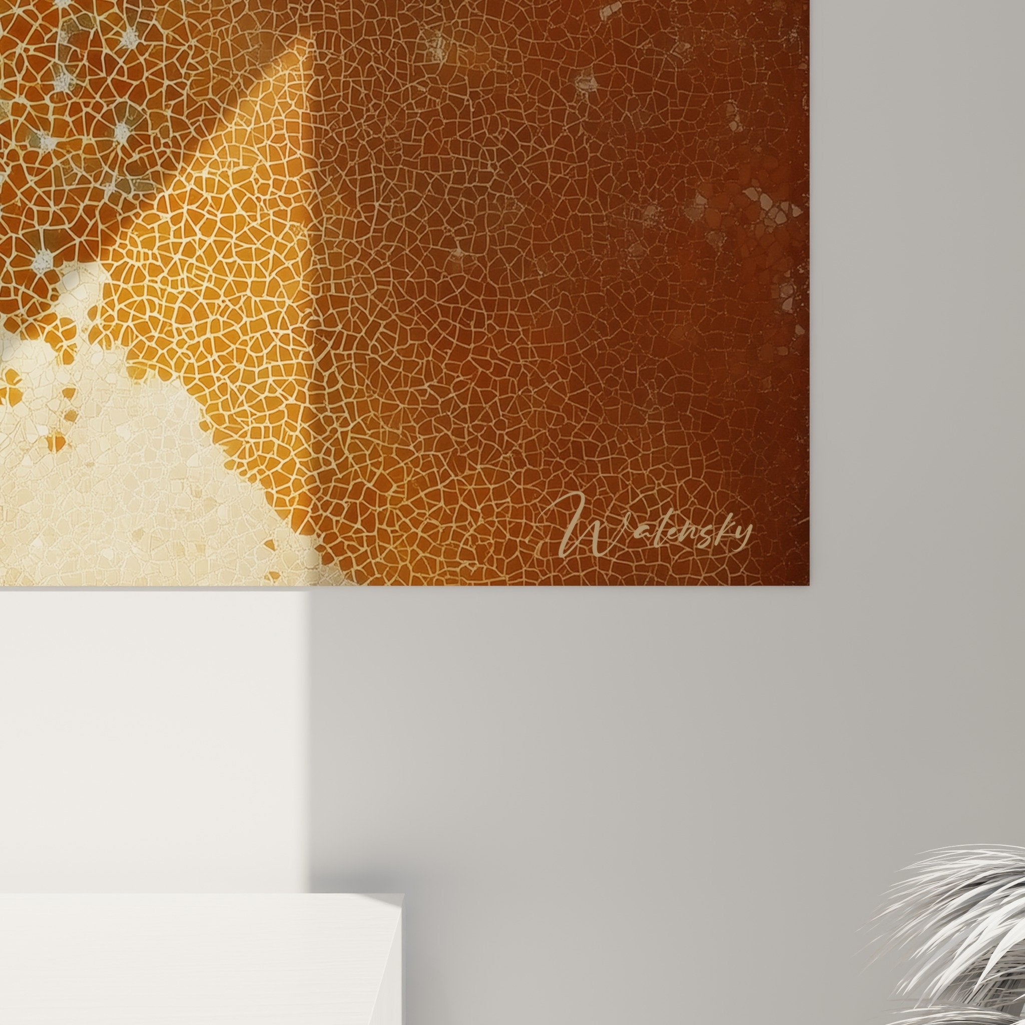 Vue ensemble tableau art islamique geometrie doree sur mur decoration orientale