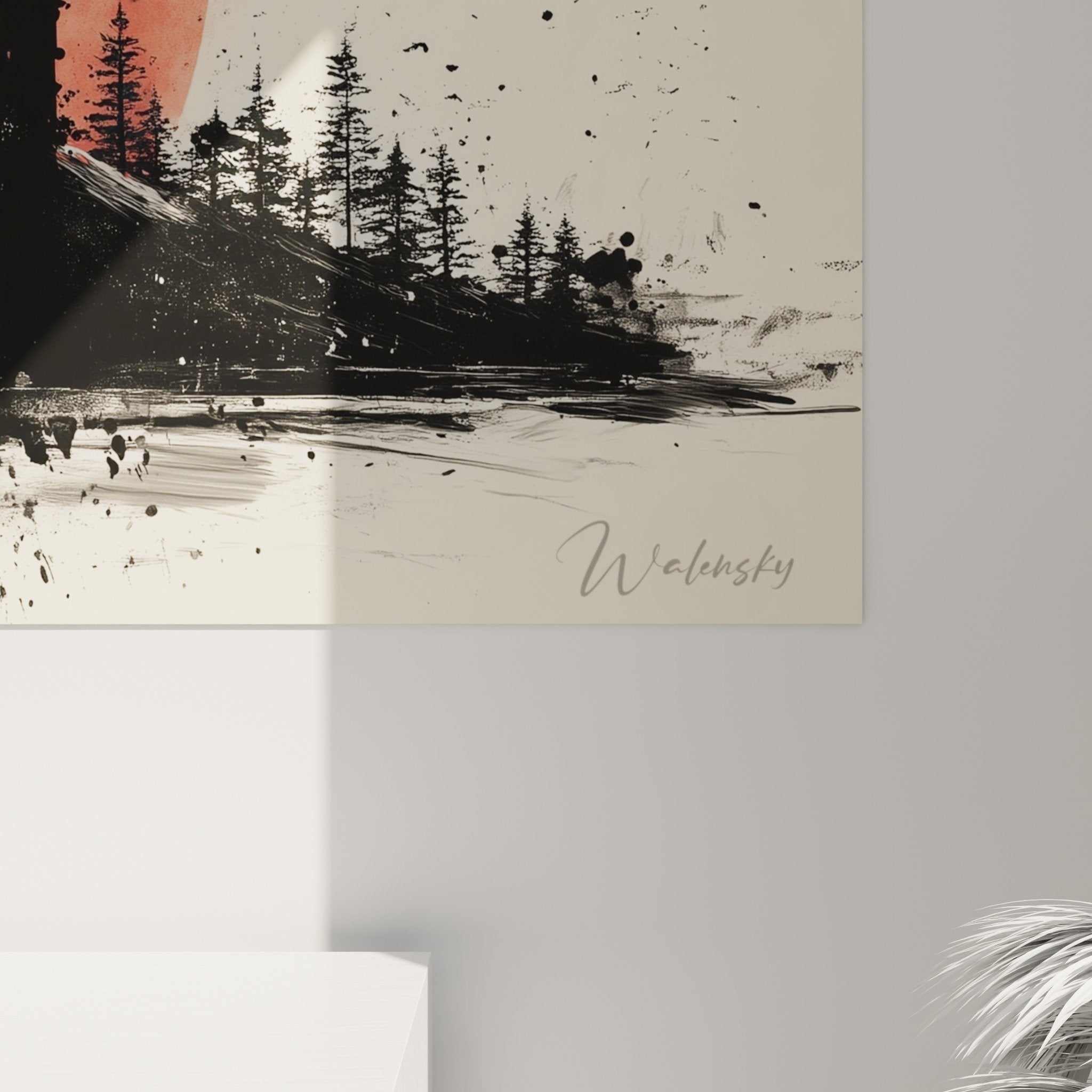 Vue d'ensemble tableau art japonais moderne portique sacré rouge soleil couchant mont Fuji