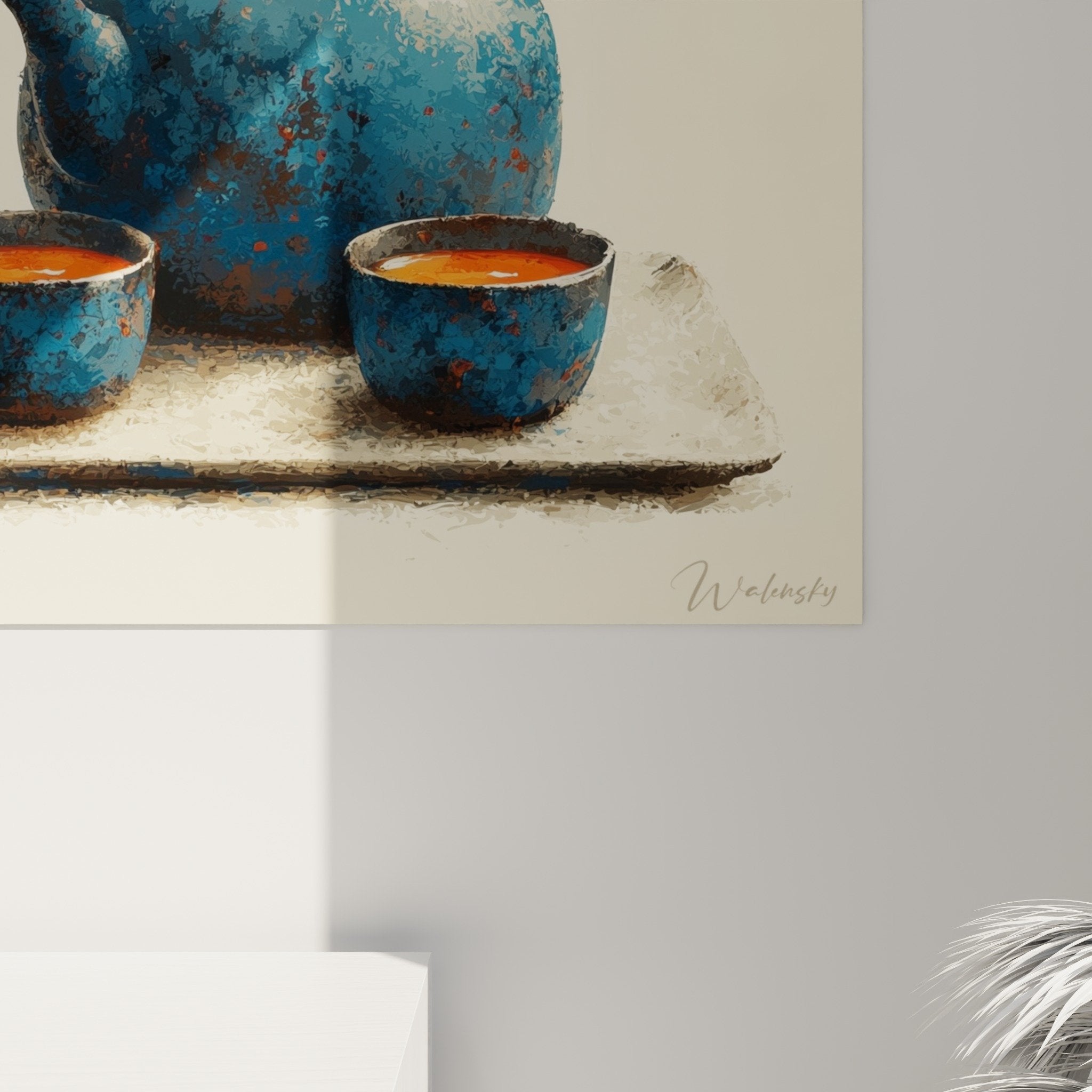 overall view art painting Japanese tea teapot blue fruits persimmons orange