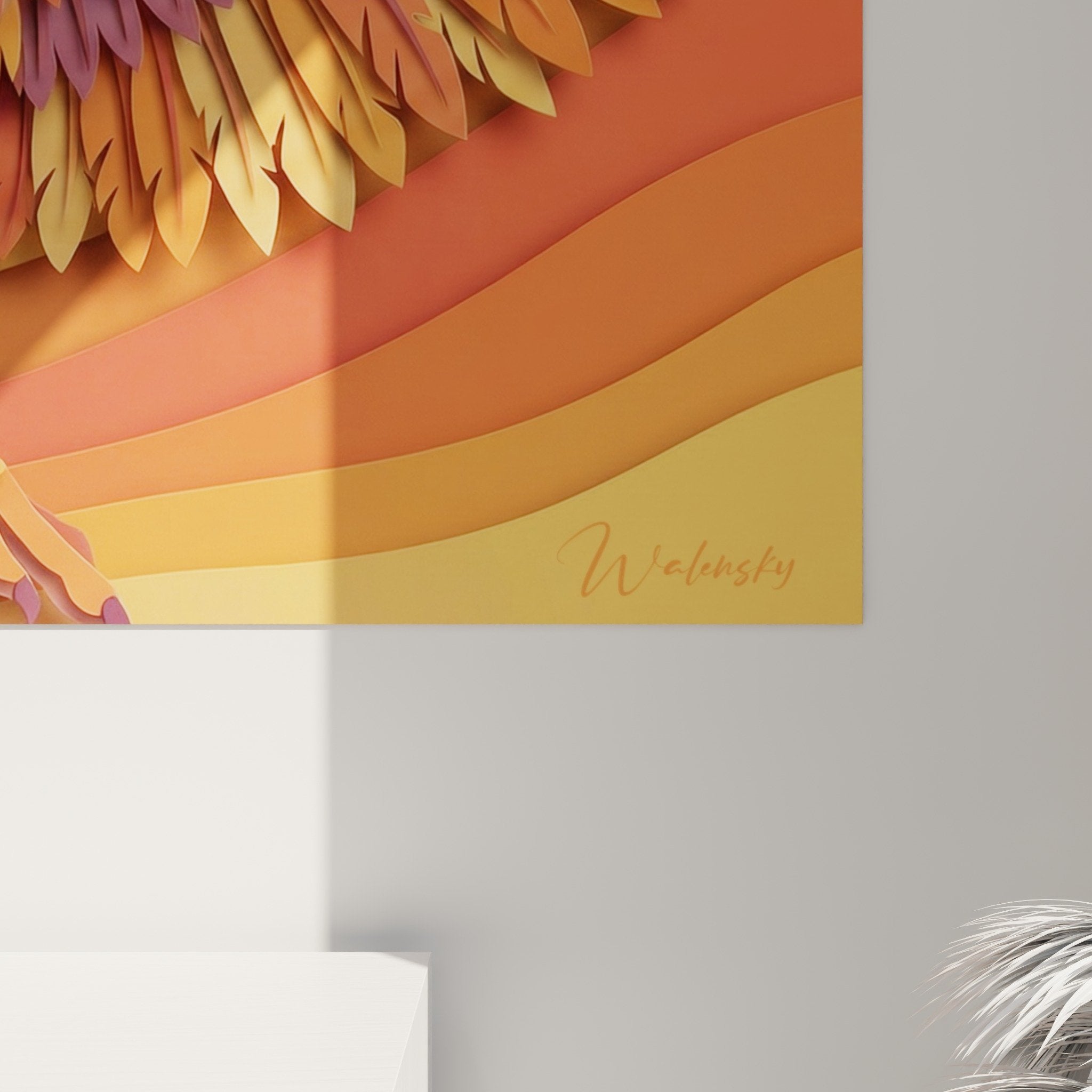 Vue ensemble tableau autruche ailes deployees palette orange pourpre decoration interieure