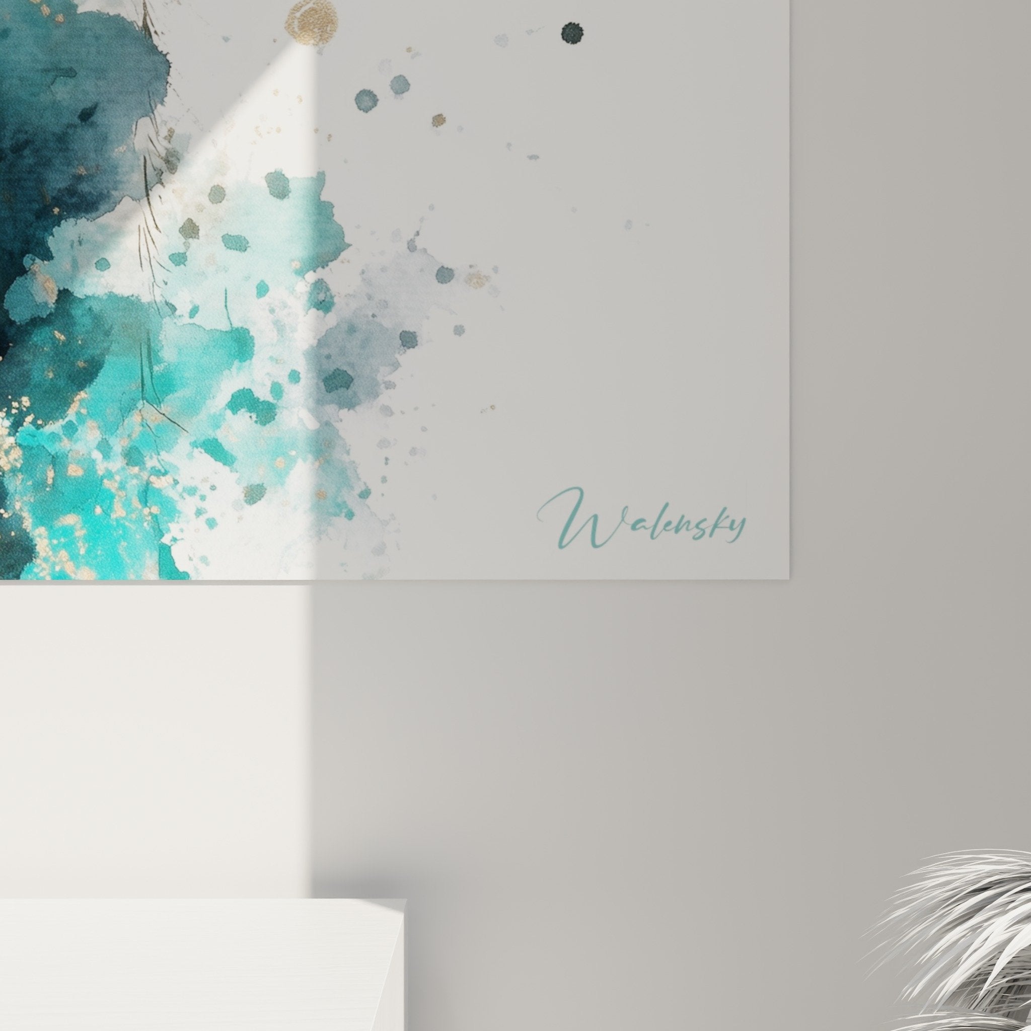 Vue ensemble tableau autruche style aquarelle bleu turquoise decoration murale art animalier contemporain