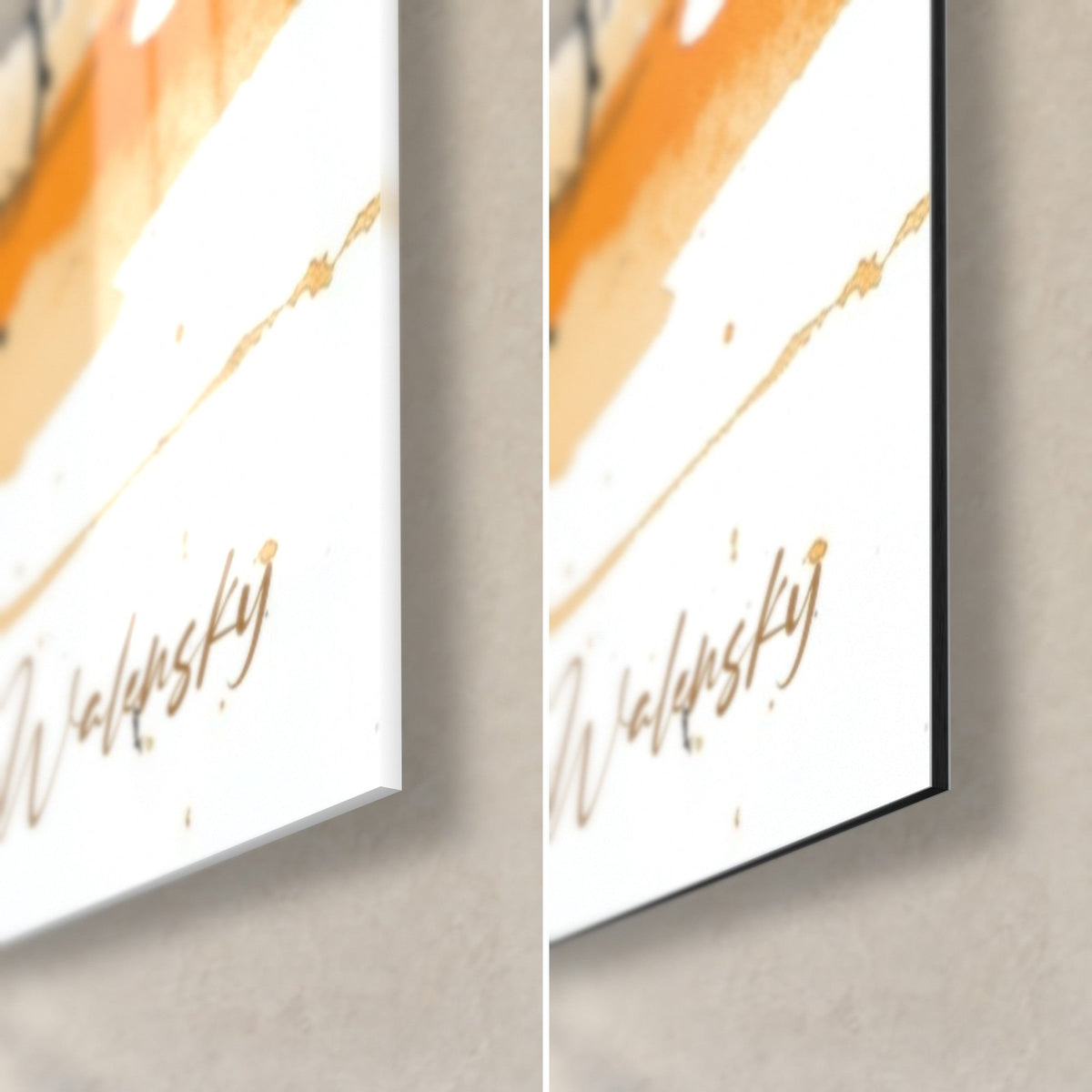 Gemälde Strauß in Aquarell, untere rechte Ecke: braune Walensky-Signatur, orangefarbene Linie auf weißem Grund, glänzendes Glas und 3 mm mattschwarzes Dibond