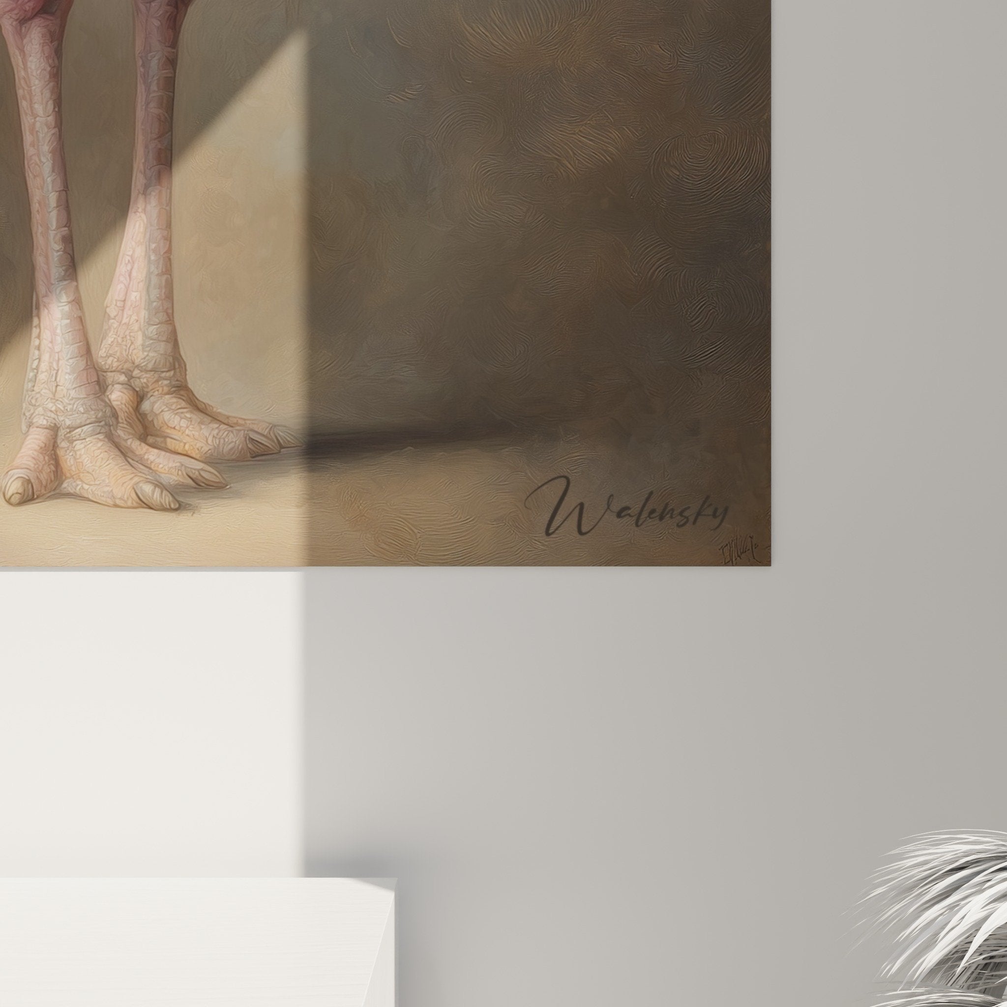 Vue ensemble tableau autruche decoration murale salon style naturel elegant
