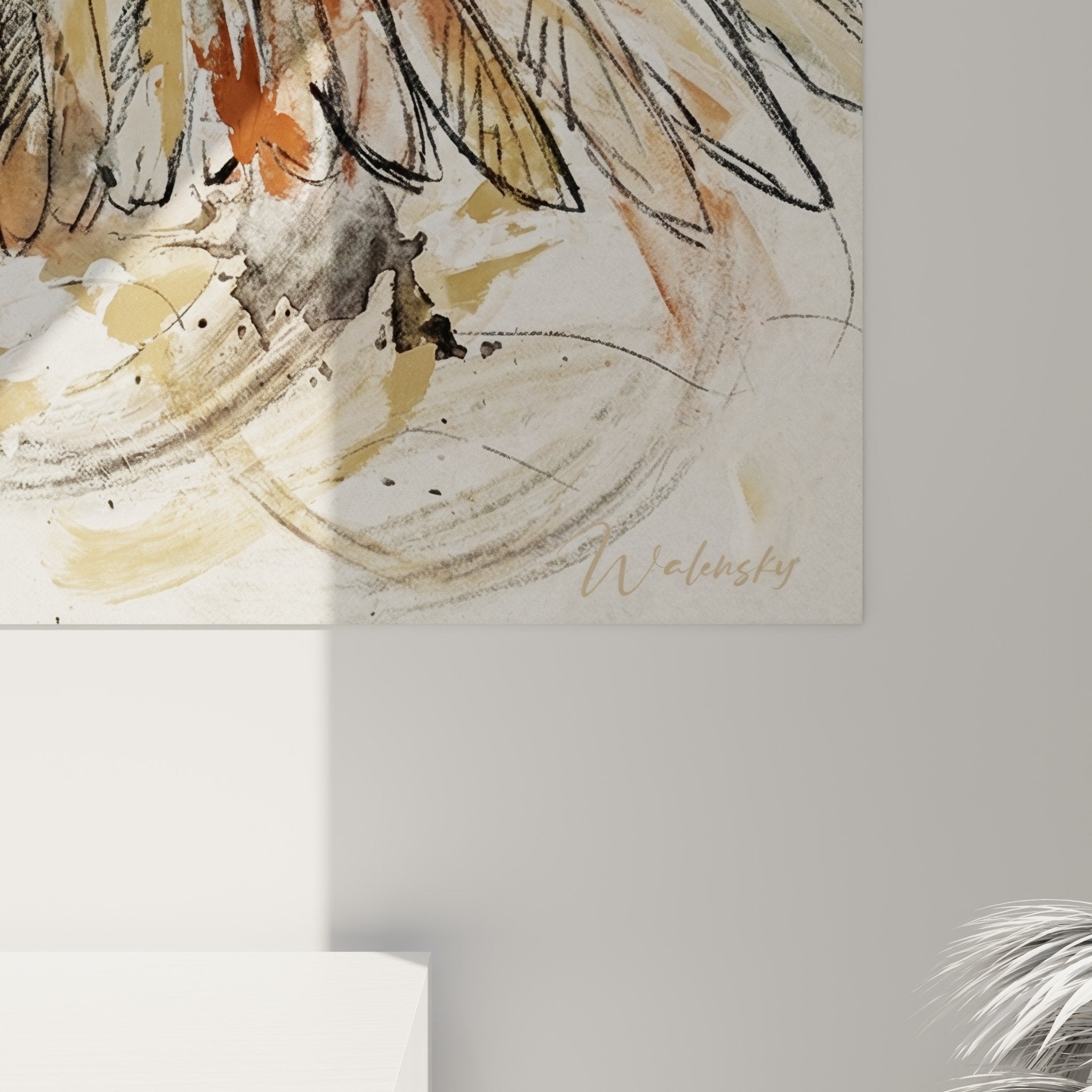 Vue ensemble tableau autruche envol couleurs chaudes decoration interieure art mural moderne