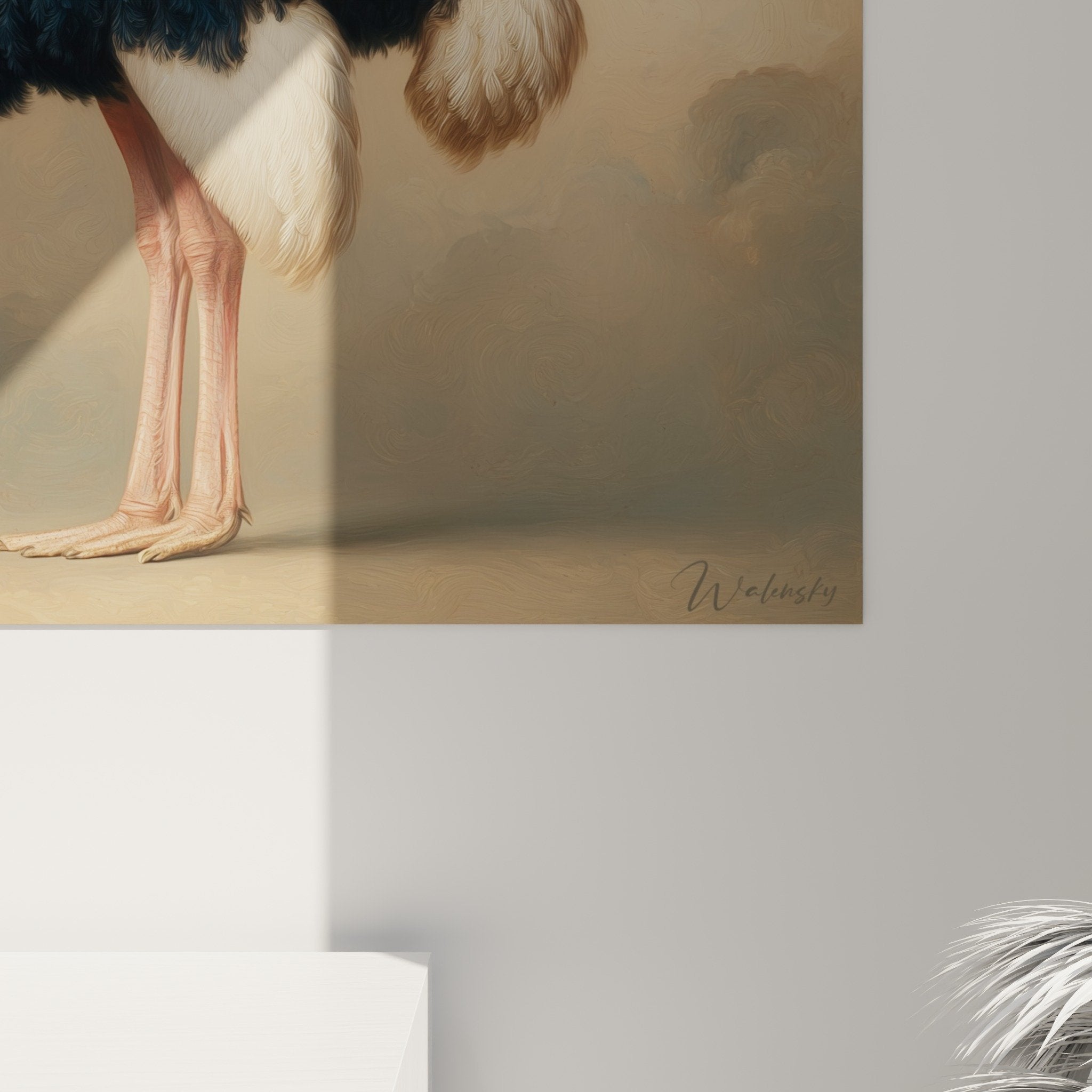 Vue ensemble tableau autruche fond beige tons neutres art animalier elegance naturelle decoration