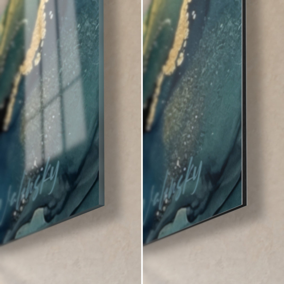 Tableau volatile à l'œil noir brillant, coin bas droit : verre acrylique reflétant la fenêtre, Dibond mat, tranche de 3 mm