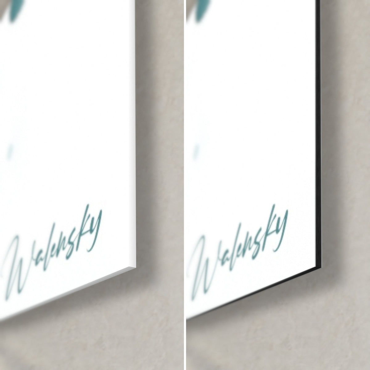 Wall art watercolor ostrich, bottom right corner, blue-green Walensky signature on white background, glossy glass and matte black Dibond