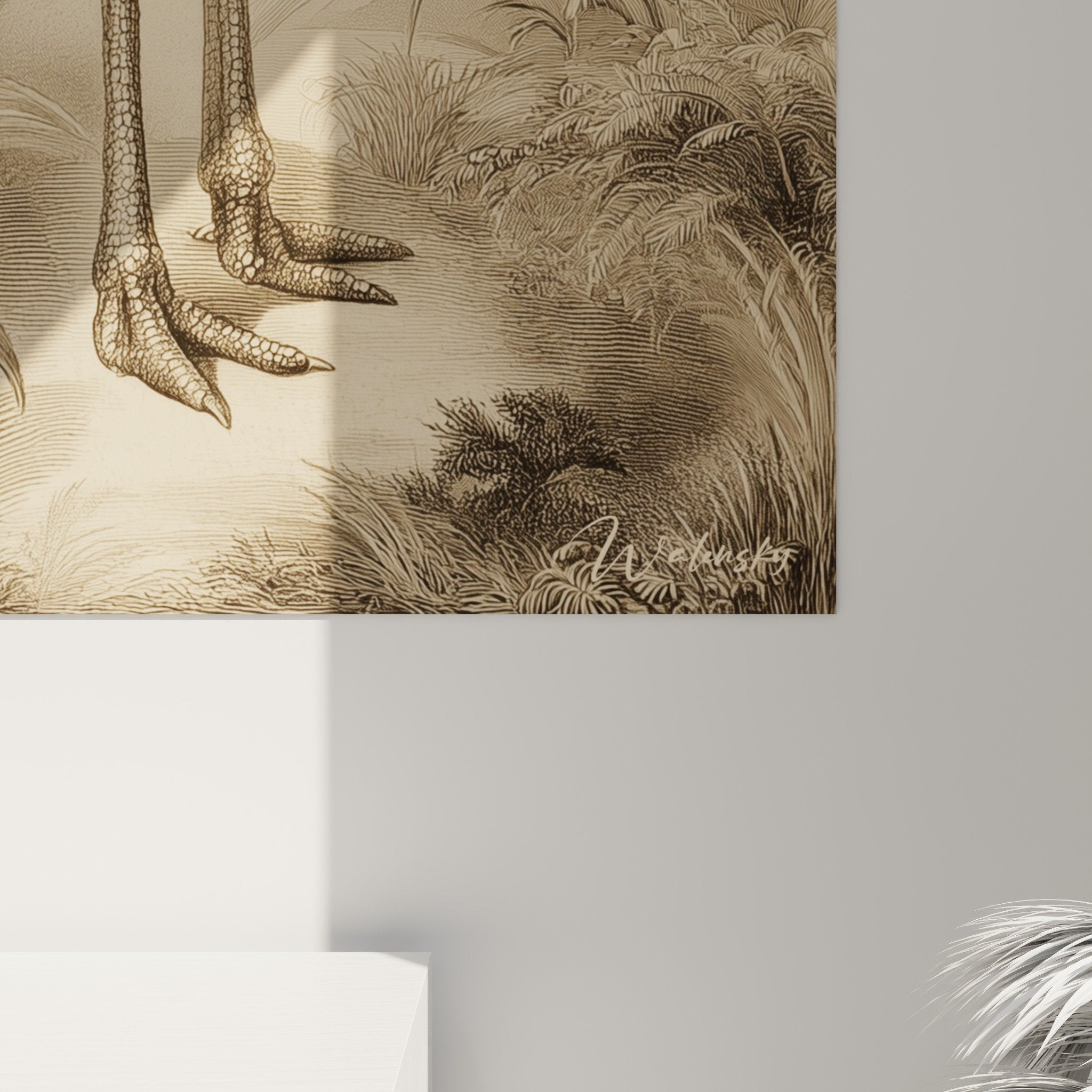 Vue ensemble tableau autruche tropical tons chauds sepia ambiance cabinet curiosites raffinee