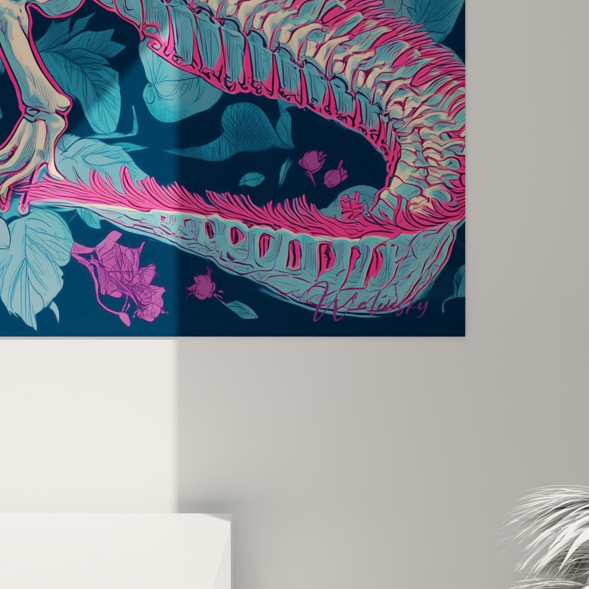 Vue ensemble tableau axolotl anatomique floral tons roses violets sur fond bleu profond