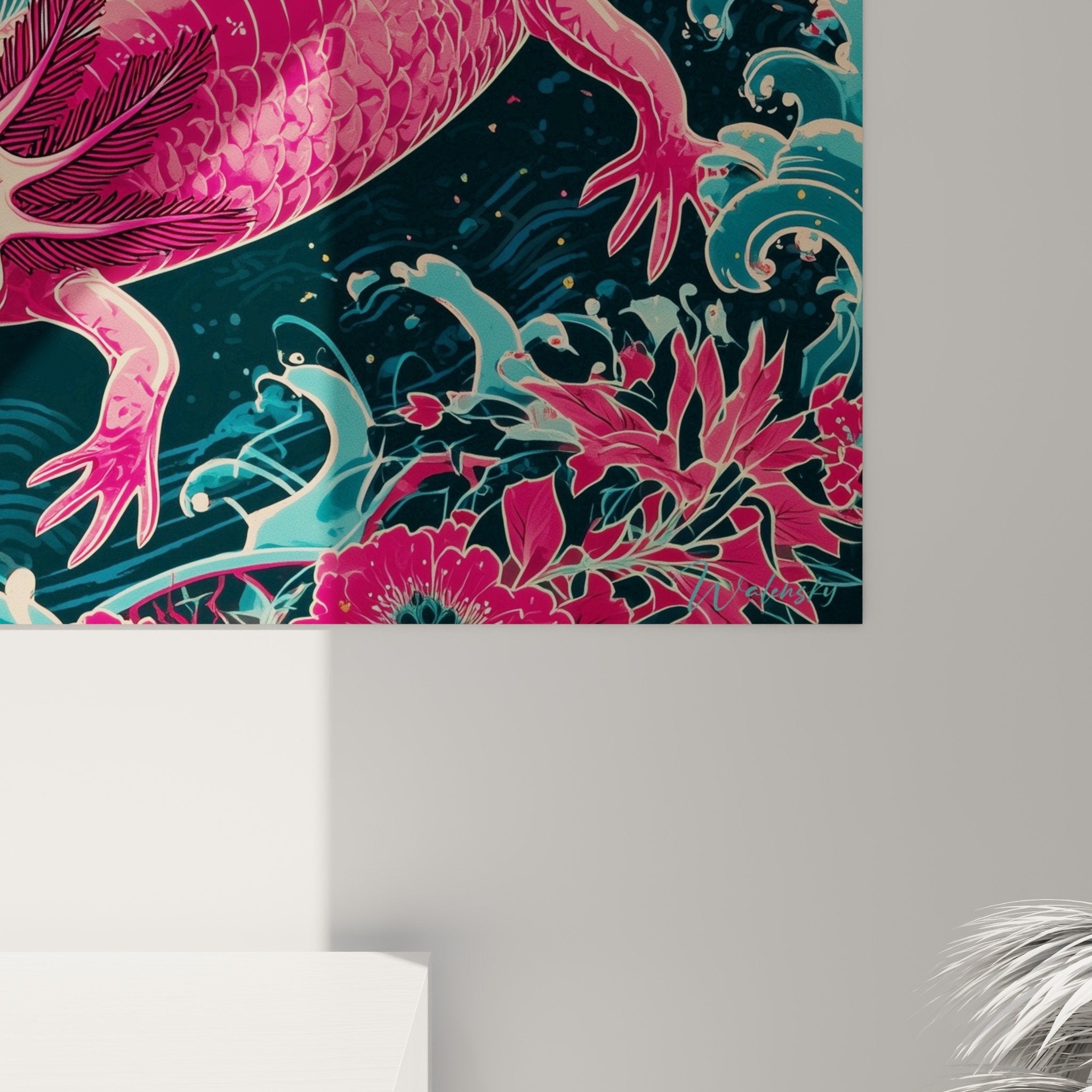 Vue ensemble tableau axolotl jardin aquatique rose turquoise decoration murale