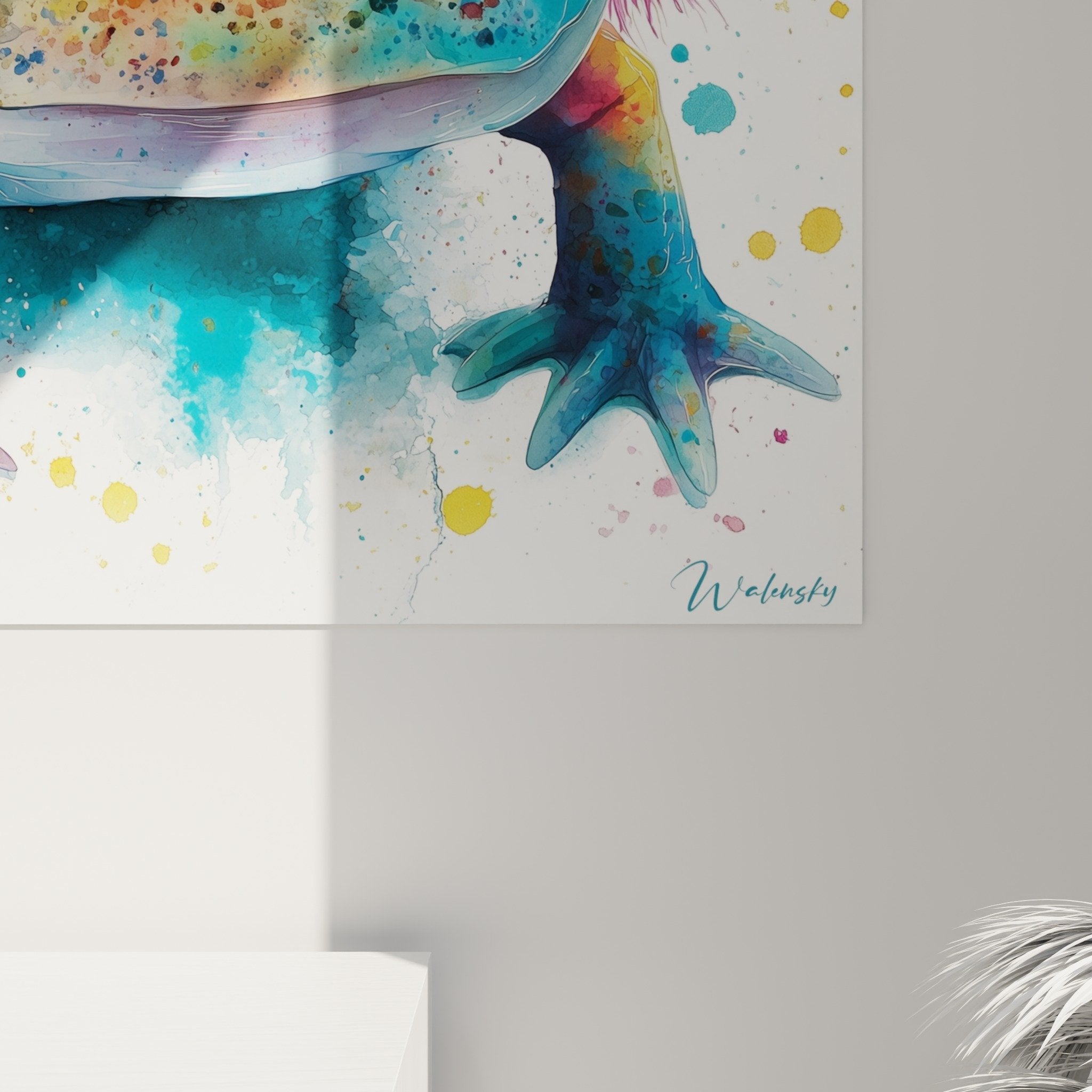 Gesamtansicht Axolotl-Kunstwerk Wanddekoration Inneneinrichtung moderner Aquarell-Stil