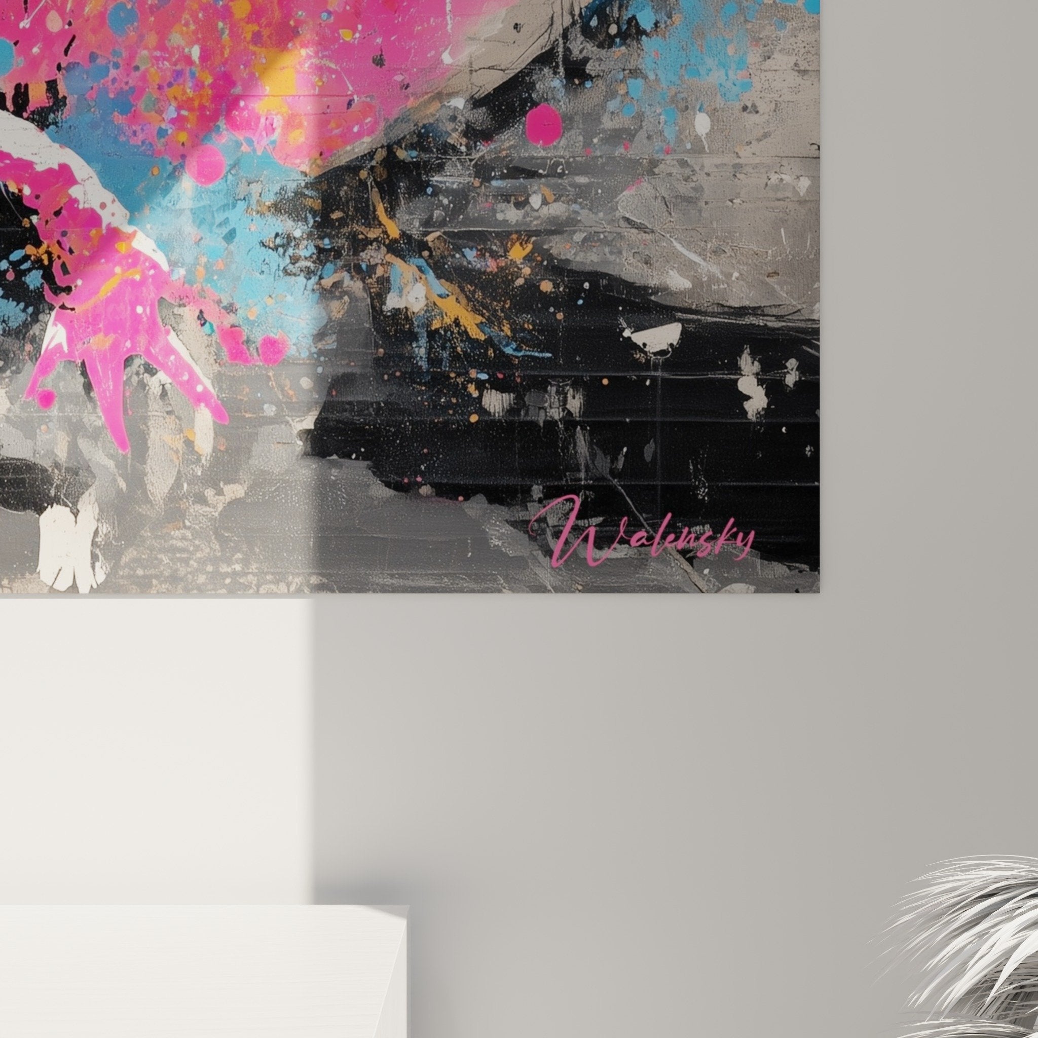 Vue ensemble tableau axolotl graffiti rose bleu style urbain contemporain art mural moderne