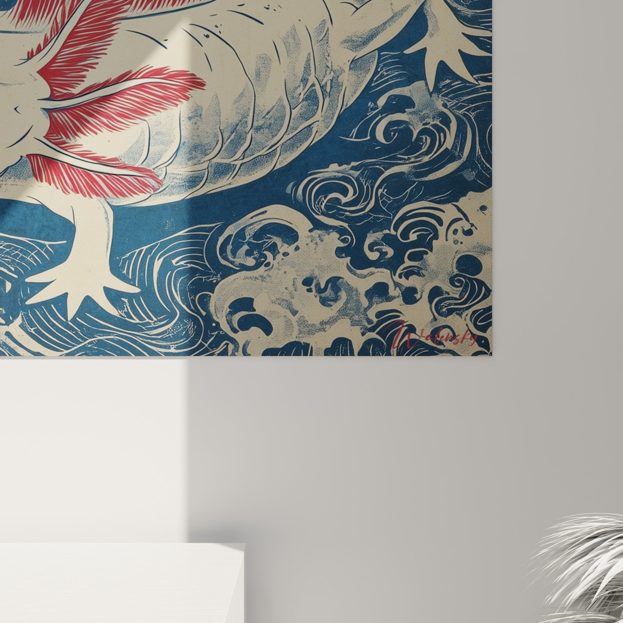 Vue ensemble tableau axolotl rouge blanc vagues bleues style japonisant décoration intérieur moderne