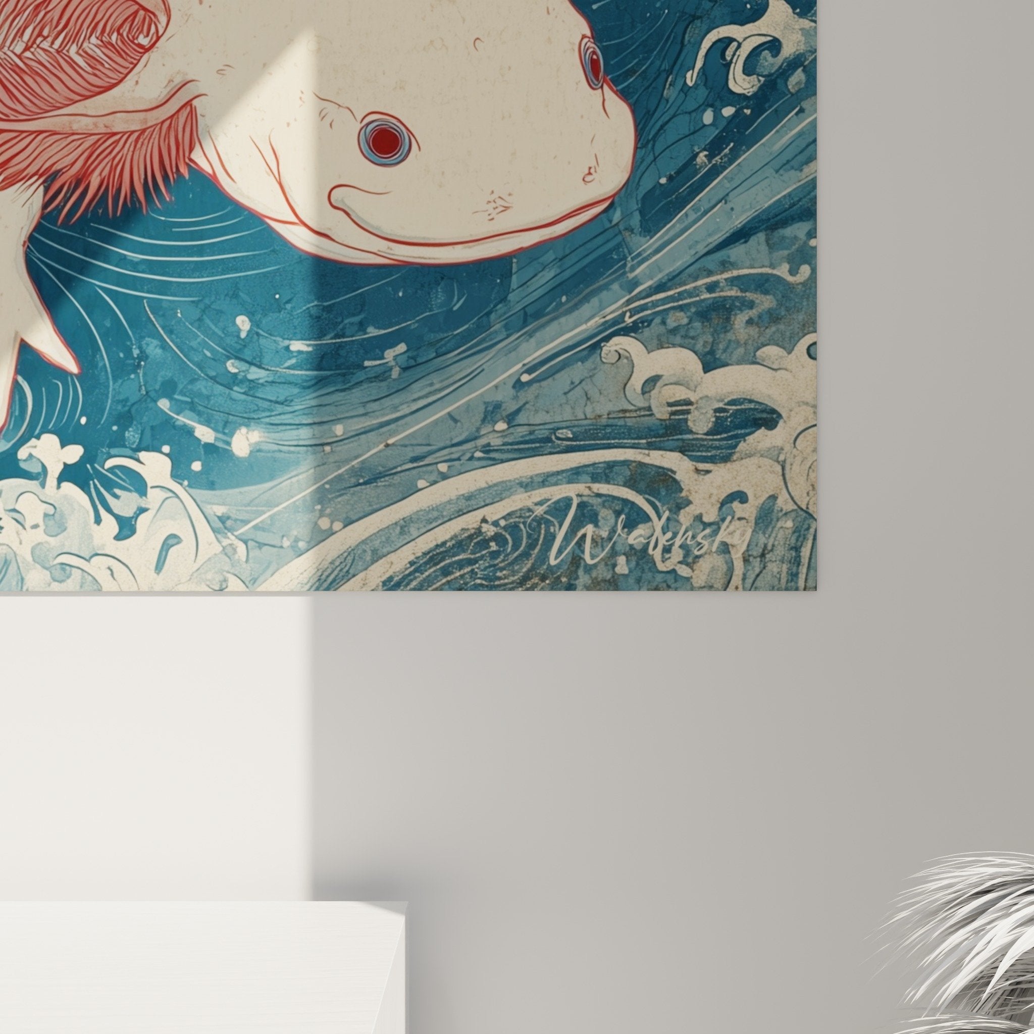 Vue ensemble tableau axolotl rose vagues bleues japonaises décoration murale art aquatique moderne