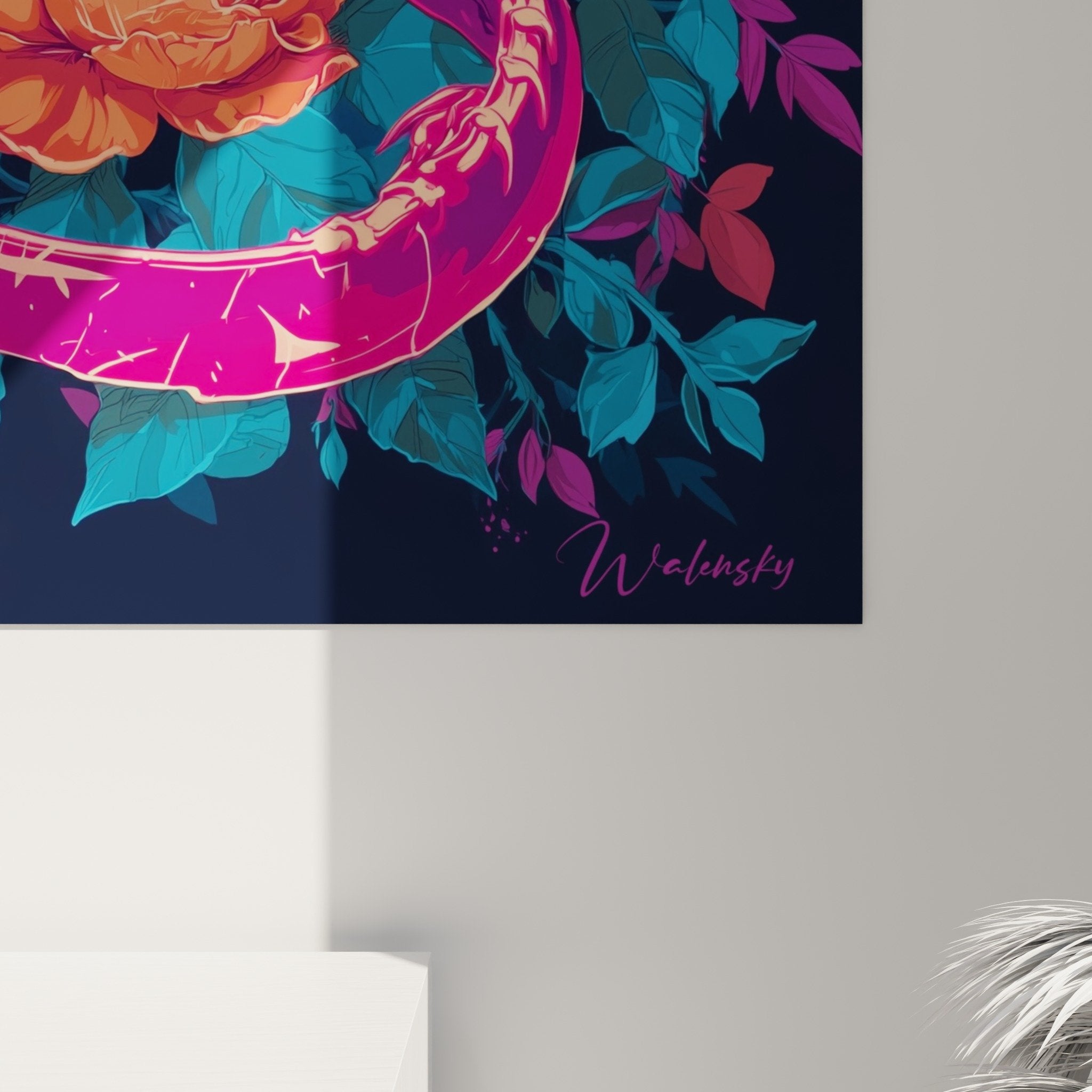Vue ensemble tableau axolotl anatomique floral salon contemporain décoration