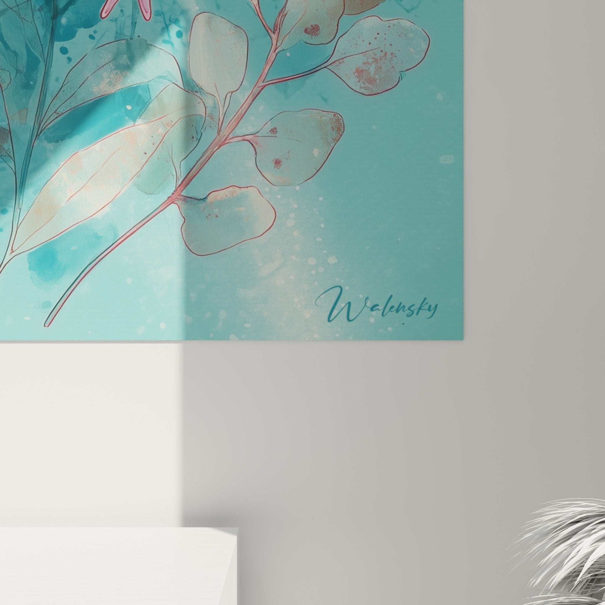 Vue ensemble tableau axolotl subaquatique, composition artistique tons roses et turquoise harmonieux