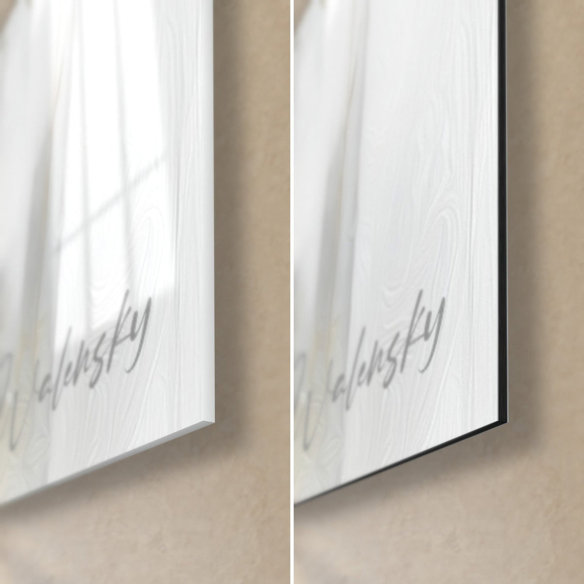 Quadro panca bianca fiorita, angolo in basso a destra: vetro acrilico lucido con riflessi di finestra e alluminio Dibond nero opaco, bordo di 3 mm